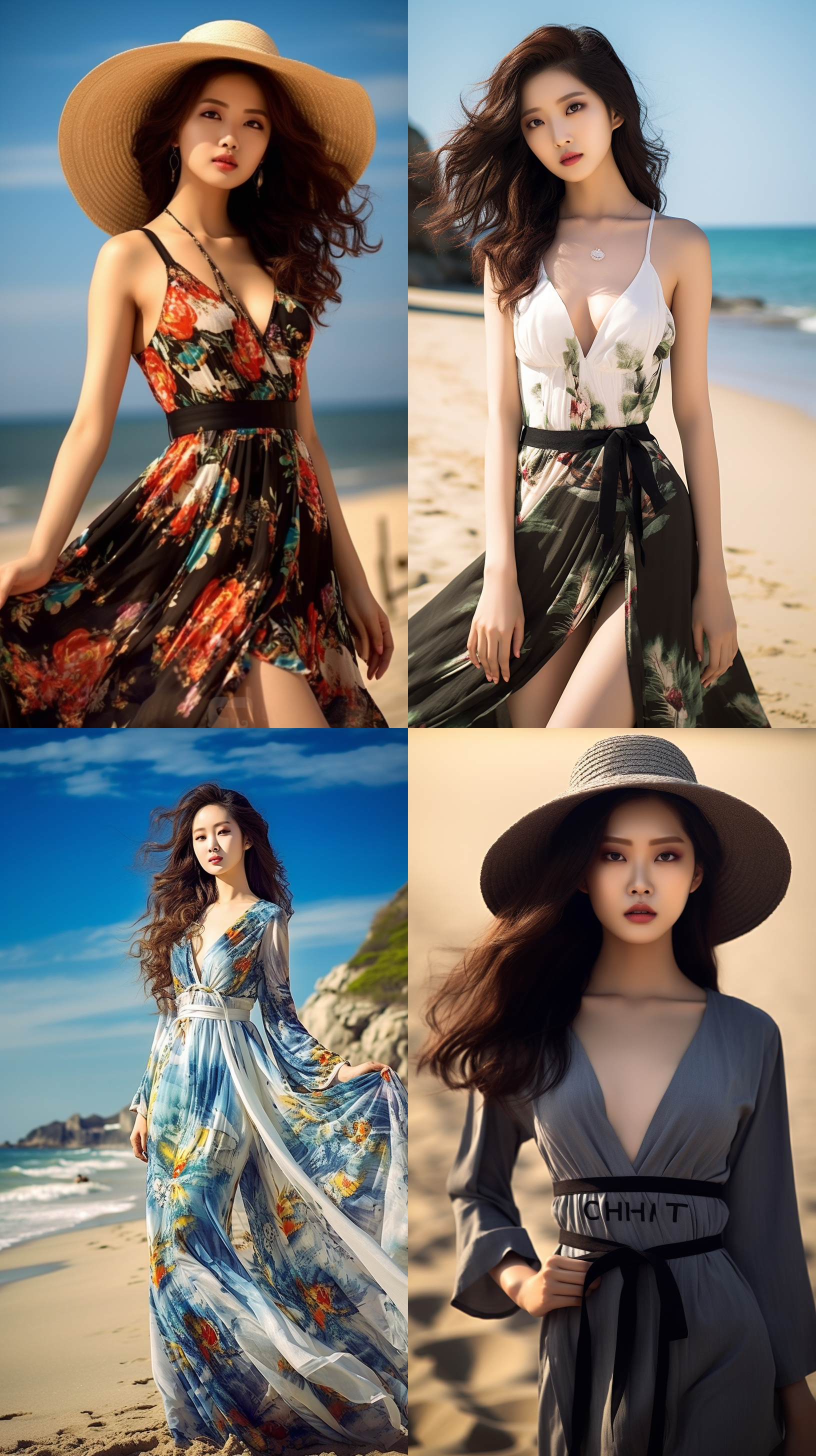 杰作，高清细节，专业摄影作品，中国美女，夏日阳光的沙滩上，泳装模特，长发及腰，身材比例完美，