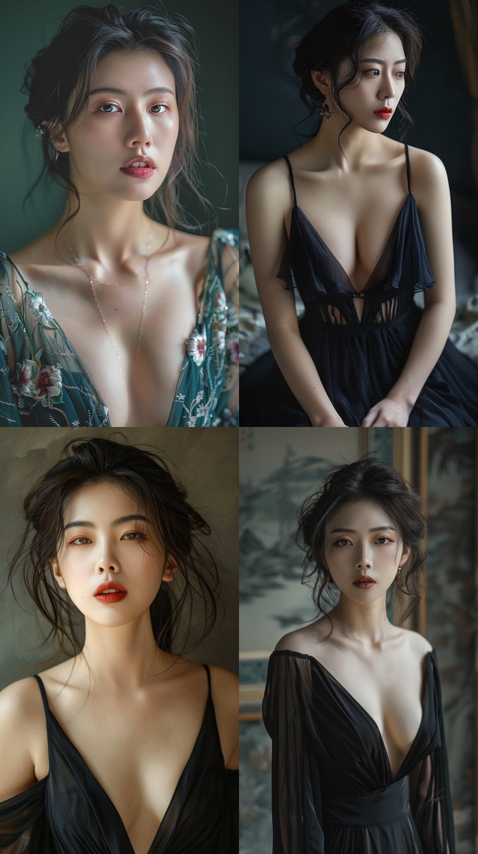 中国美女，身材丰满，深v礼服，写真风格，正面照，电影镜头。 - 虹7 - 外观9:16 - 放松 - 风格化0