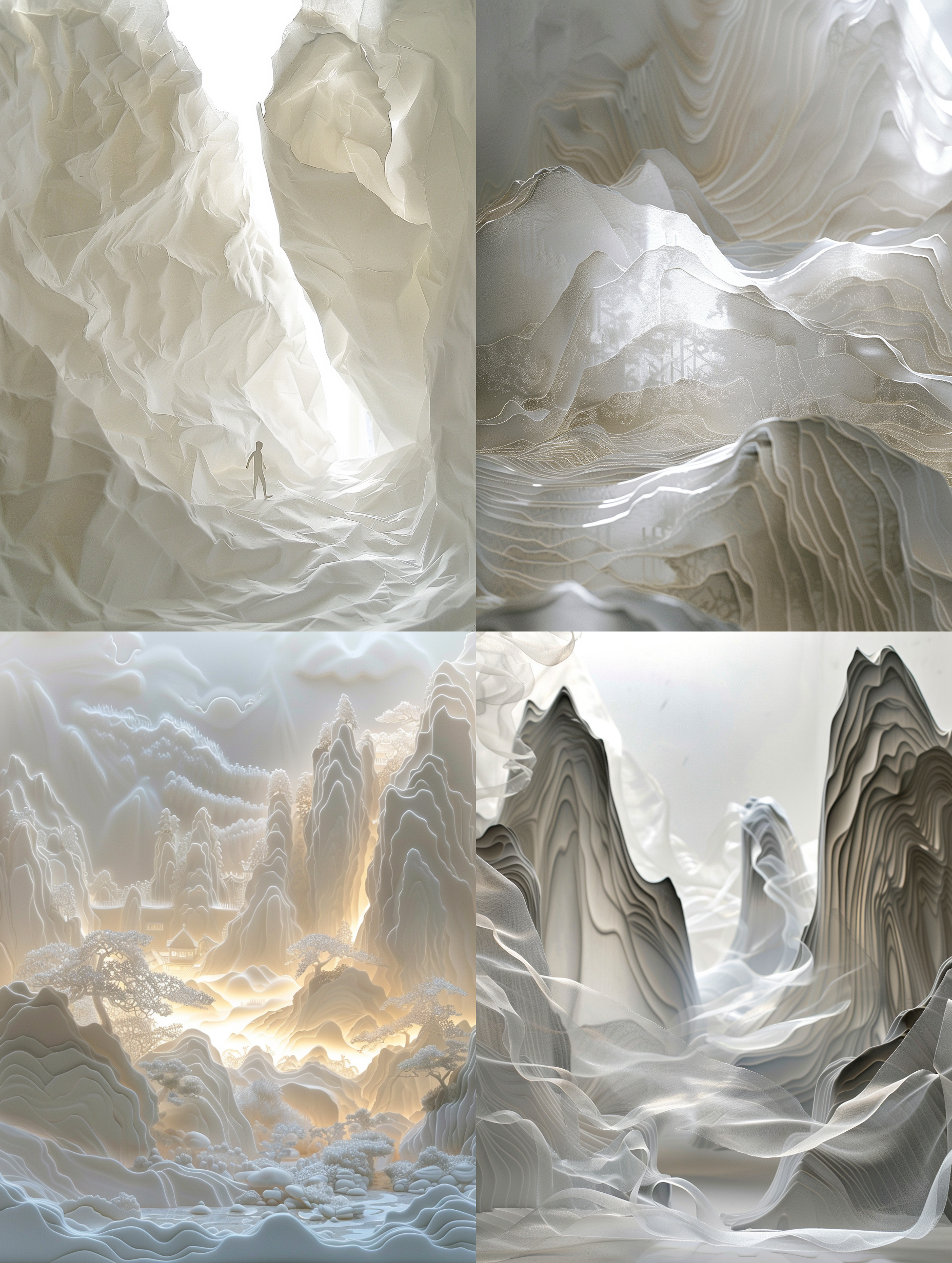 逆光,三维古风,王希孟千里江山图做的世界,特写,内发光,生物发光,图案在宣纸上,空间模型,无限想象力,极小的人,折射阳光,细腻,线条感,发光,简约留白,大面积留白,薄纱前景,浅景深,高清