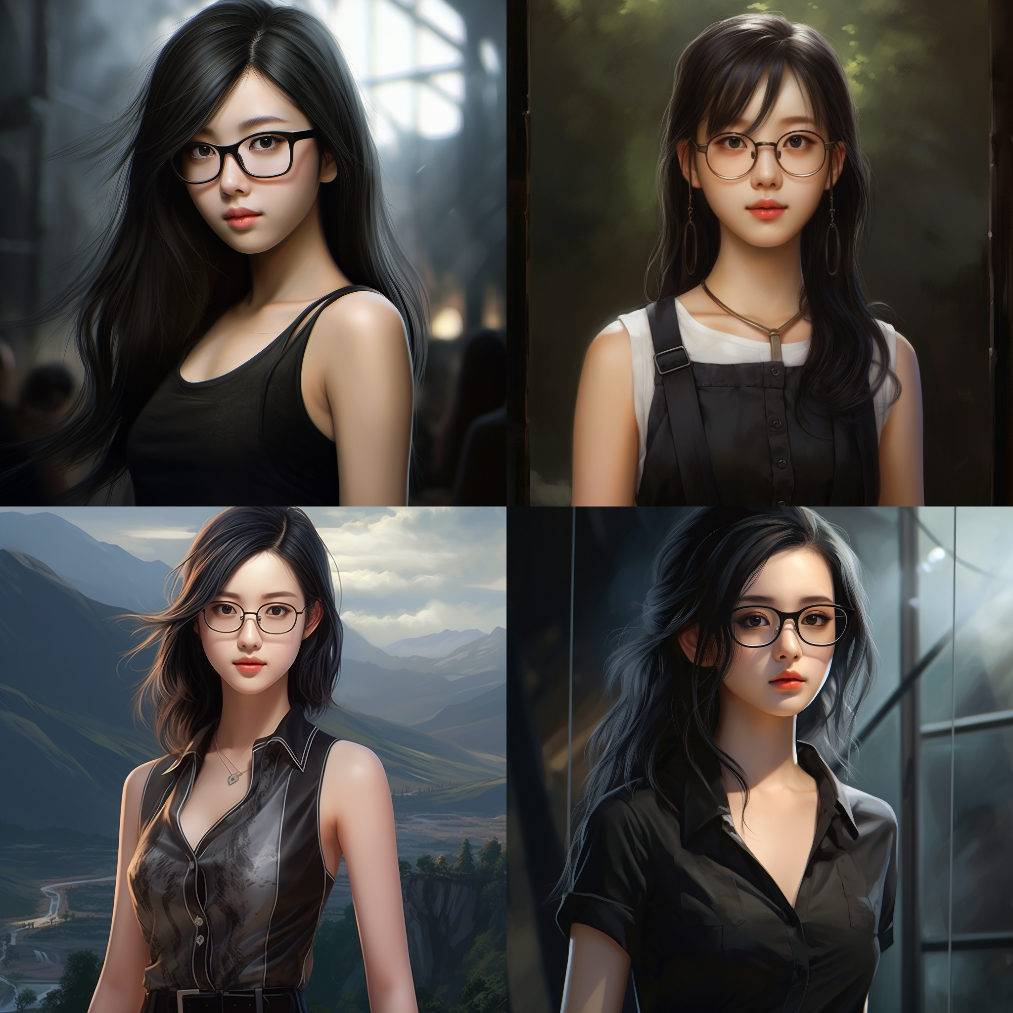 中国女孩，黑色齐耳短发，直发，戴眼镜，圆脸，全身，优雅，身材饱满高挑，吊带，脸部细节，摄影写真，超清渲染
