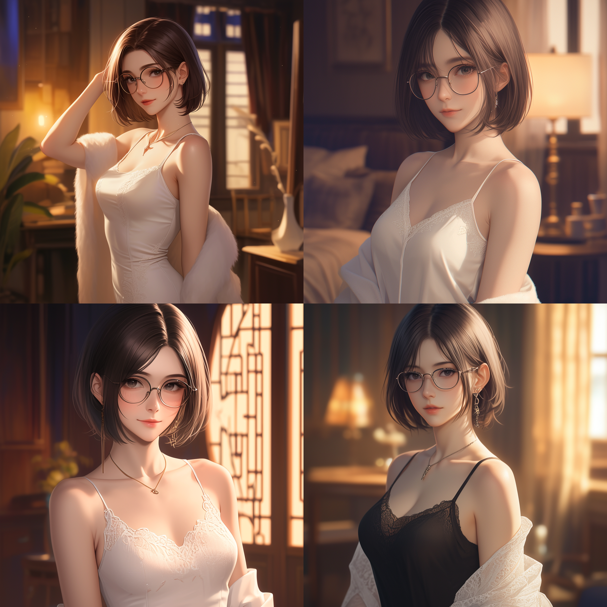 中国女孩，黑色耳长短发，直发，戴眼镜，圆脸，全身，优雅，高挑身材，吊带裙，面部细节，摄影，超清晰渲染，室内，柔和光线，中焦镜头，自信微笑，端庄。