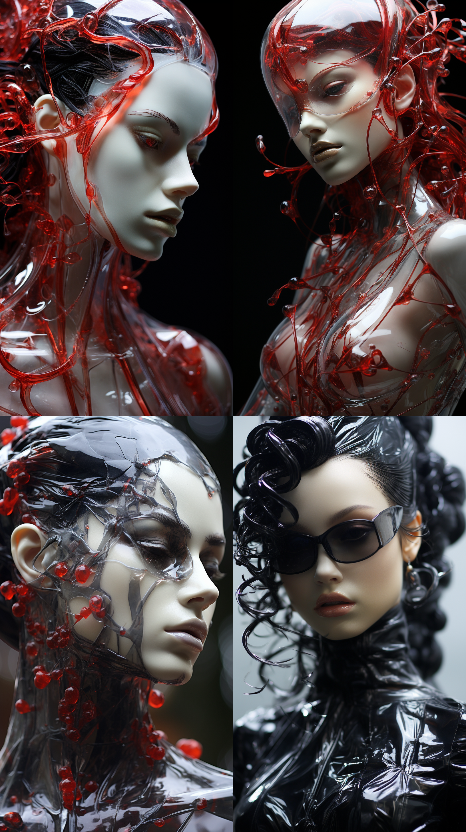 玻璃雕塑，冰片状，美丽女性，红色贴纸，逼真，全身，头发扎起，清晰，镜头对焦，细节丰富，高光，静态，现代风。