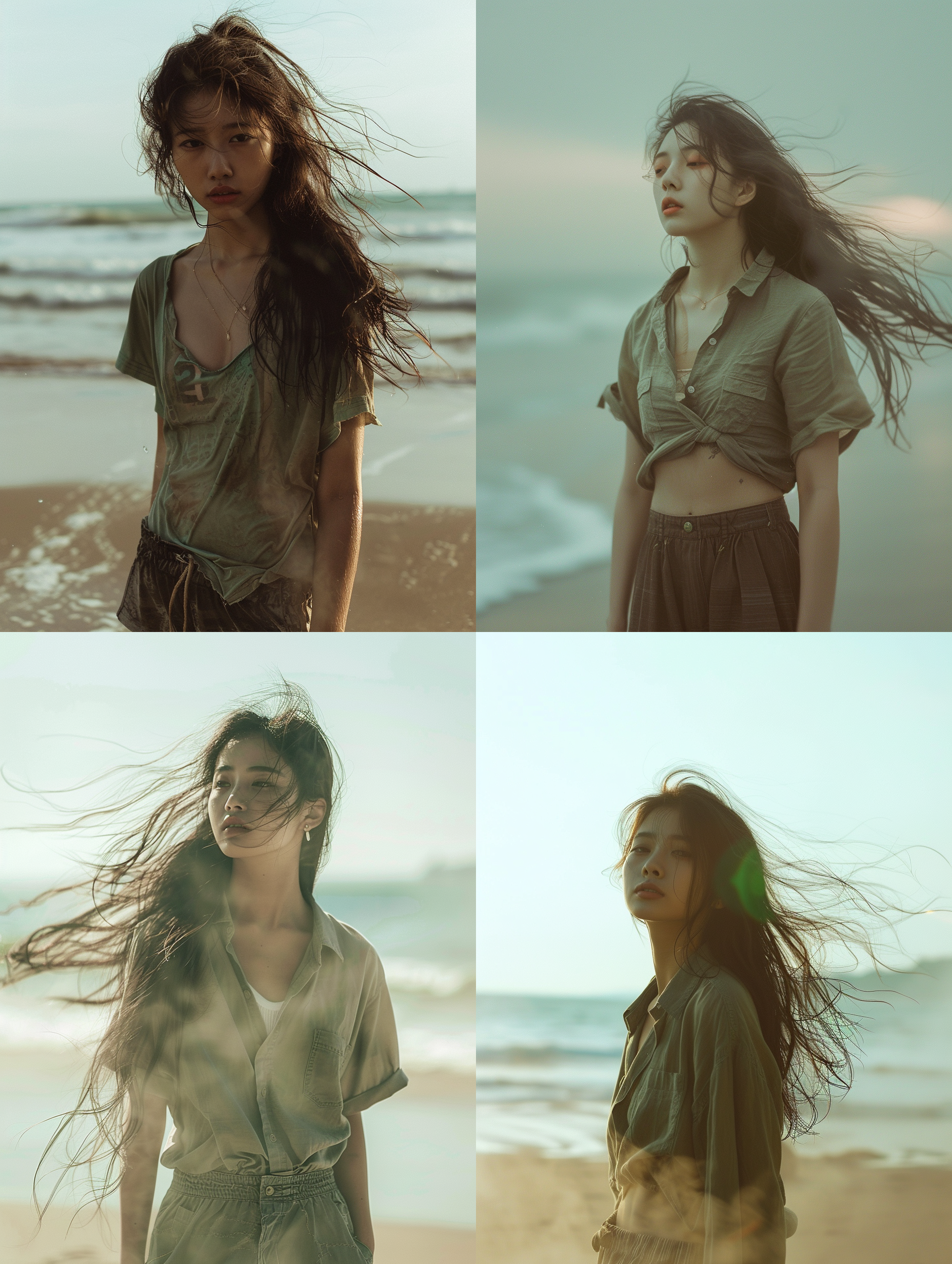 27岁亚裔少女站在沙滩上，身穿宽松的衬衫和短裤，微风吹拂着她的长发，蒸汽波从海面上升起。图像呈现出轻松、自由和舒适的感觉。色调偏向青绿色和棕色。使用长焦镜头，模糊背景，突出人物。#蒸汽波 #沙滩 #洒脱 #自由 #舒适 #长焦镜头 #青绿色 #棕色 办公室 游乐场 反乌托邦 充满阳光 全身 半身 腰部以上 侧身 彩虹色 丁达尔效应 镜头光晕 电影灯光 明亮的 斑驳光线 暖光 氛围感照明 麦克西姆斯 声之形 粉彩色室内 多姿势角色 泳装 禅风 异域风情 极简主义 重金属 少女风 蒸汽波 可爱风 丝绸 刺绣 旗袍 耳机 粉发 白发