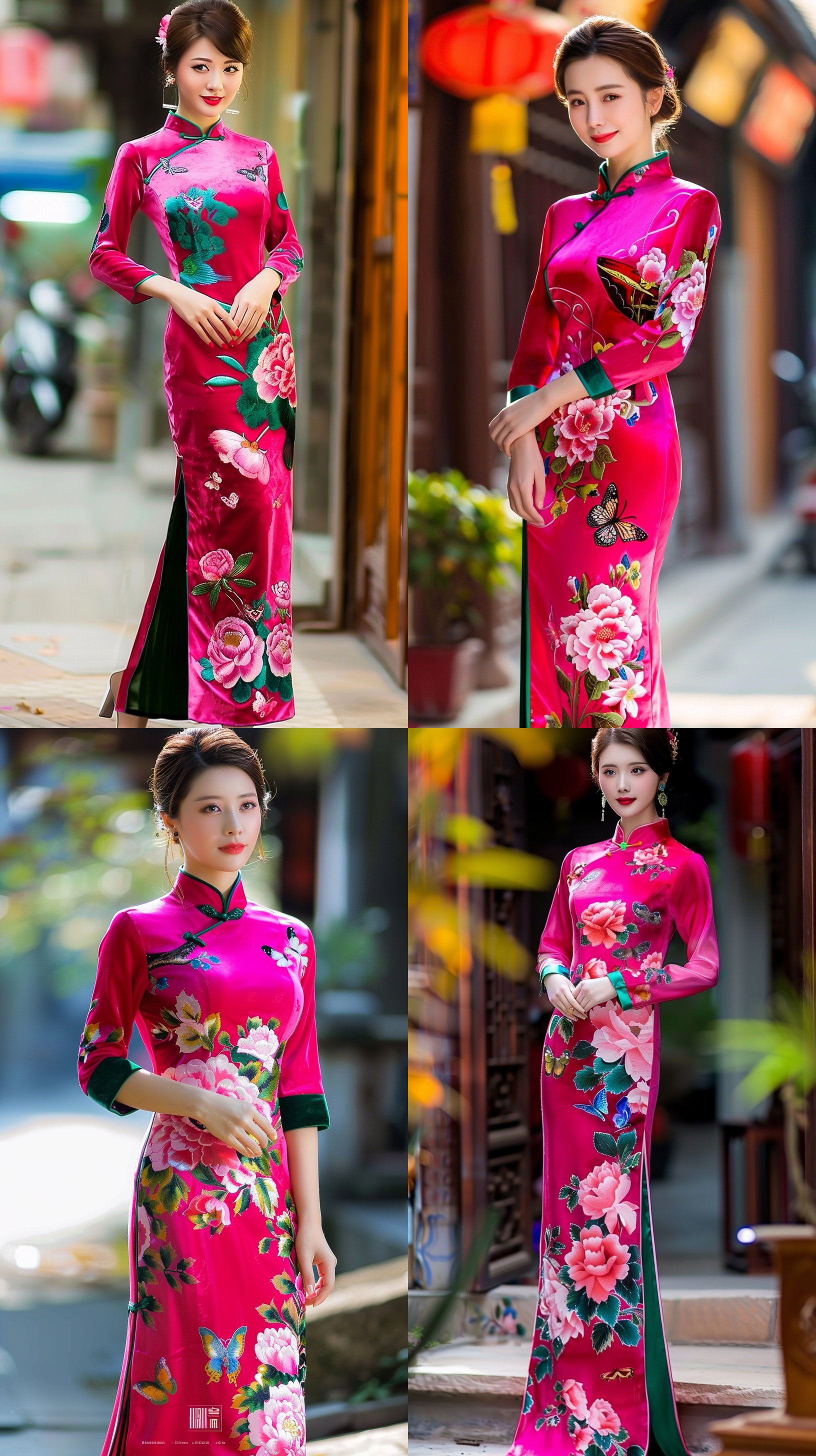一位美女穿着长款，丝绒旗袍裙，站在t台上，丝绒旗袍裙采用高开叉的设计，玫红色为主打底色，两大朵花儿点缀其上，一朵在左前胸处，一朵在右大腿处，几只蝴蝶流连花丛中，袖子用了五分袖设计，袖口及领口、斜门襟和盘扣及高开叉的封边都用了草绿色布条进行滚边，身材显得前凸后翘，楚楚动人，虚化背景，消失点构图，，高贵的气质，时尚风格，杰作，超清细节， 电影灯光 ，