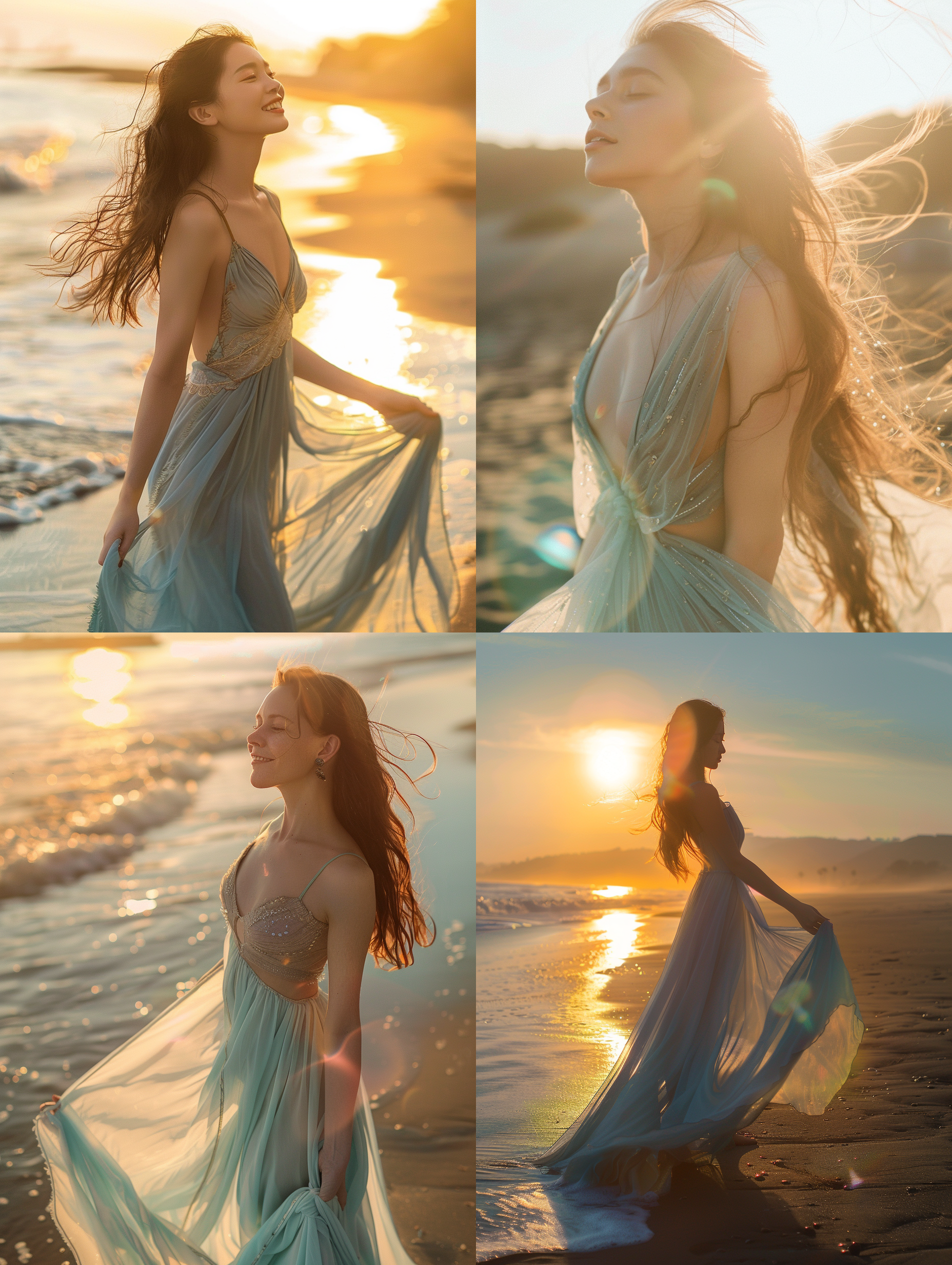 风韵少妇，优雅坐姿，沙滩上，夕阳余晖，长焦镜头，逆光，微笑，长发飘逸，海蓝色连衣裙，温暖色调，柔和情绪。 办公室 游乐场 反乌托邦 充满阳光 全身 半身 腰部以上 侧身 彩虹色 丁达尔效应 镜头光晕 电影灯光 明亮的 斑驳光线 暖光 氛围感照明 麦克西姆斯 声之形 粉彩色室内 多姿势角色 泳装 禅风 异域风情 极简主义 重金属 少女风 蒸汽波 可爱风 丝绸 刺绣 旗袍 耳机 粉发 白发