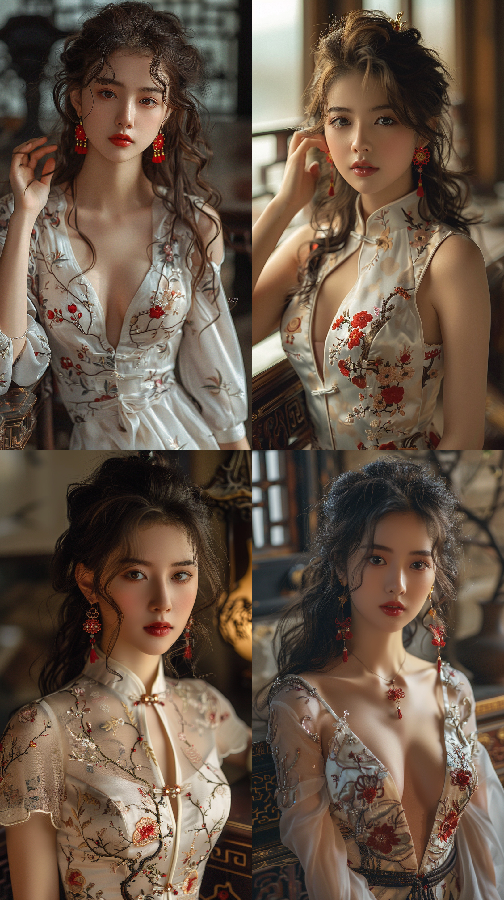 8k，中国美女，长卷发，全身照，五官秀丽，长腿少妇，穿着中国白色旗袍，双耳戴着红色的装饰耳环，身材火辣，旗袍下摆至小腿中间，两侧高开叉，露出完美的腿部曲线，左手撩着胸前发丝，右手随意在身旁，旗袍下摆右肩上绣着红色的红梅，黑色的枝干粗细均匀错落有致 ，绣花具有花瓶上的3d印花风格，穿着黑色高跟鞋，10mm，靠在白色墙放着的古老书桌上，背景虚化，大方，时尚，明亮的色调，