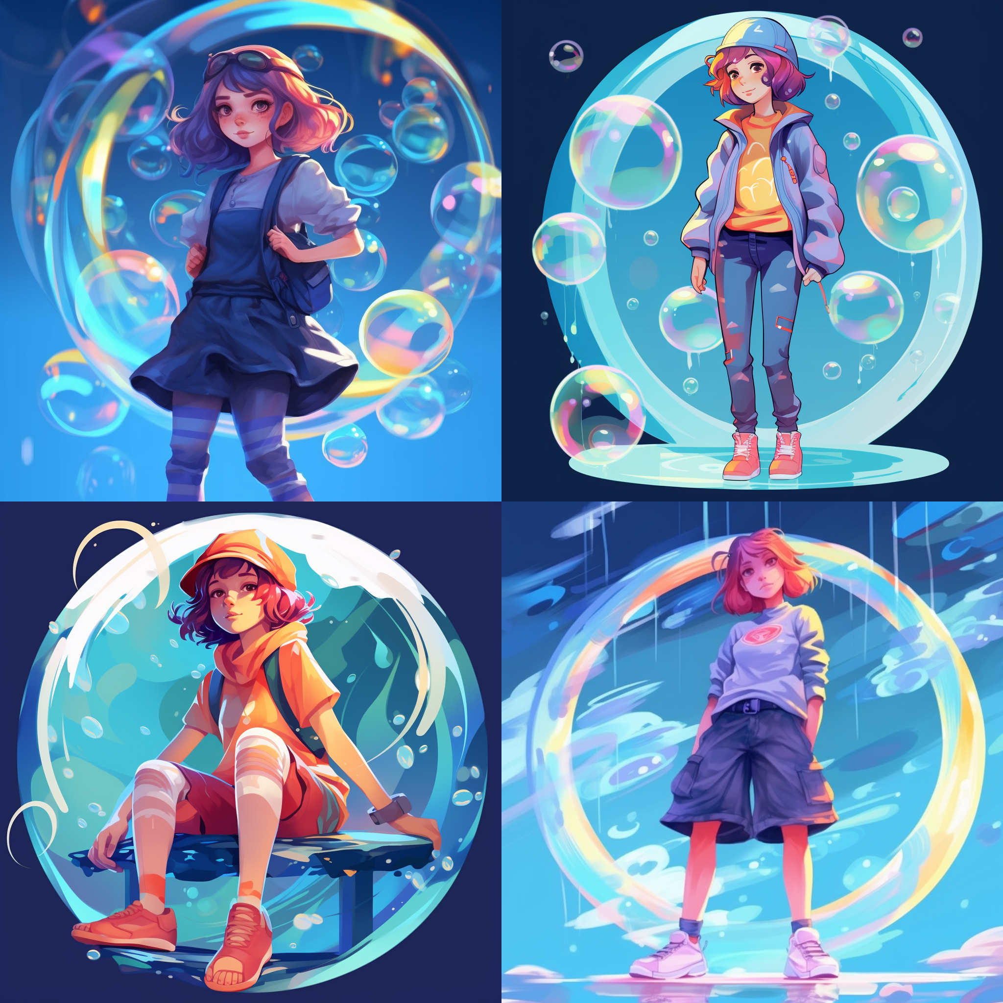 水状卡通女性，透明身体，彩色光环，00后风格，可爱表情，柔和光线，蓝色主调，圆形构图，柔焦镜头，轻松，清新，活泼。