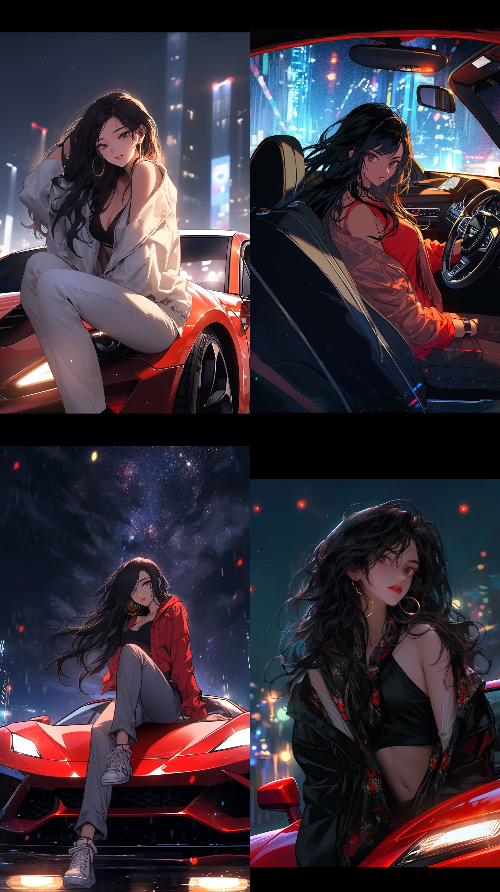 16岁少年，跑车，黑色长发，模特身材，深v领，皮靴，赛道，路灯光，夜晚，星光，炫酷，热烈