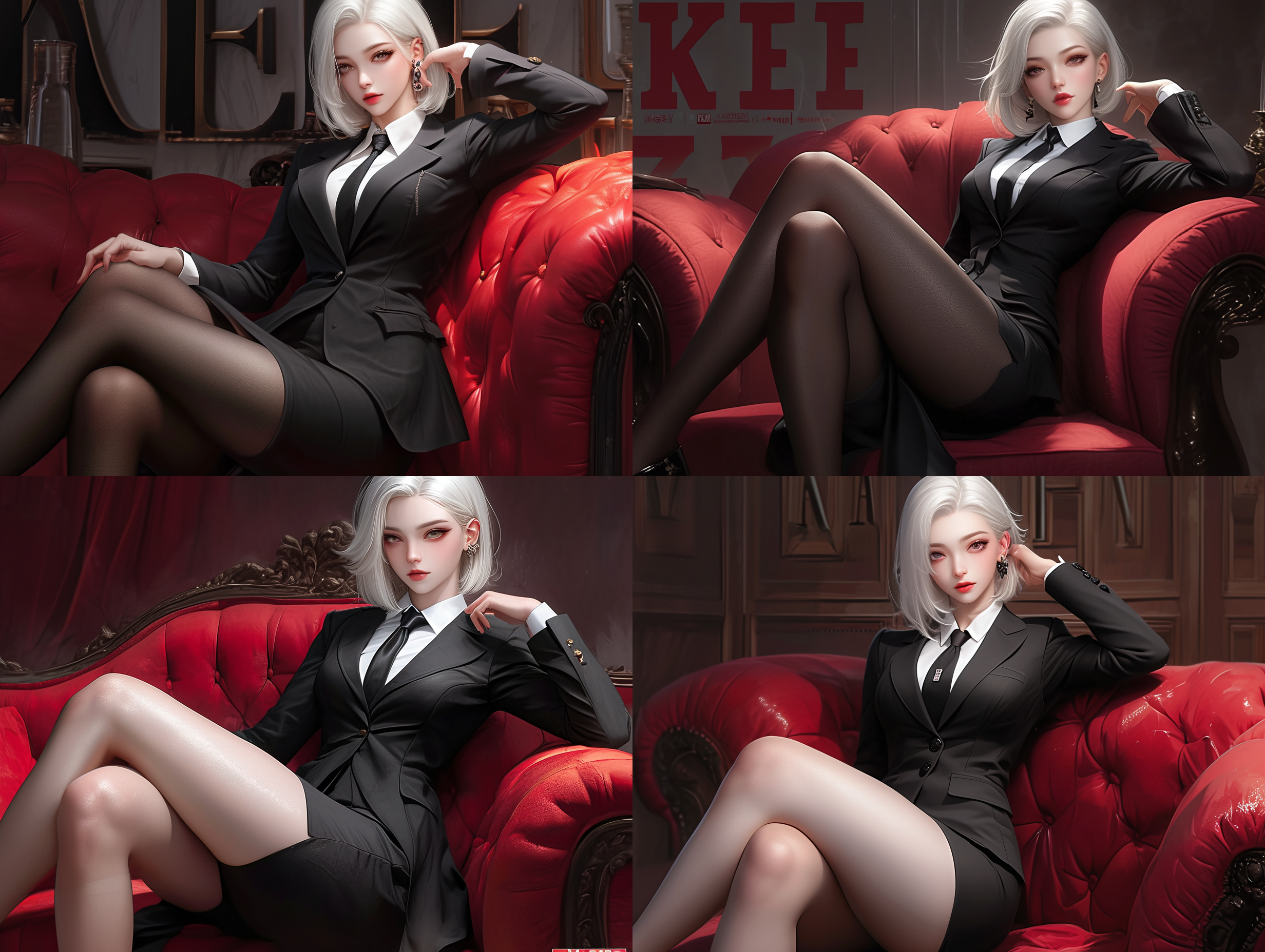 亚洲漂亮女孩，白色短发，斜坐在红色沙发上，两腿平放在沙发上，黑色正装西装，露出白色有领衬衫，黑色领带，一个手插耳后，耳钉，大腿，侧面，极低角度视图，紧张冷漠的表情，3d动漫写实，anmi二次元风格，粉红色调，