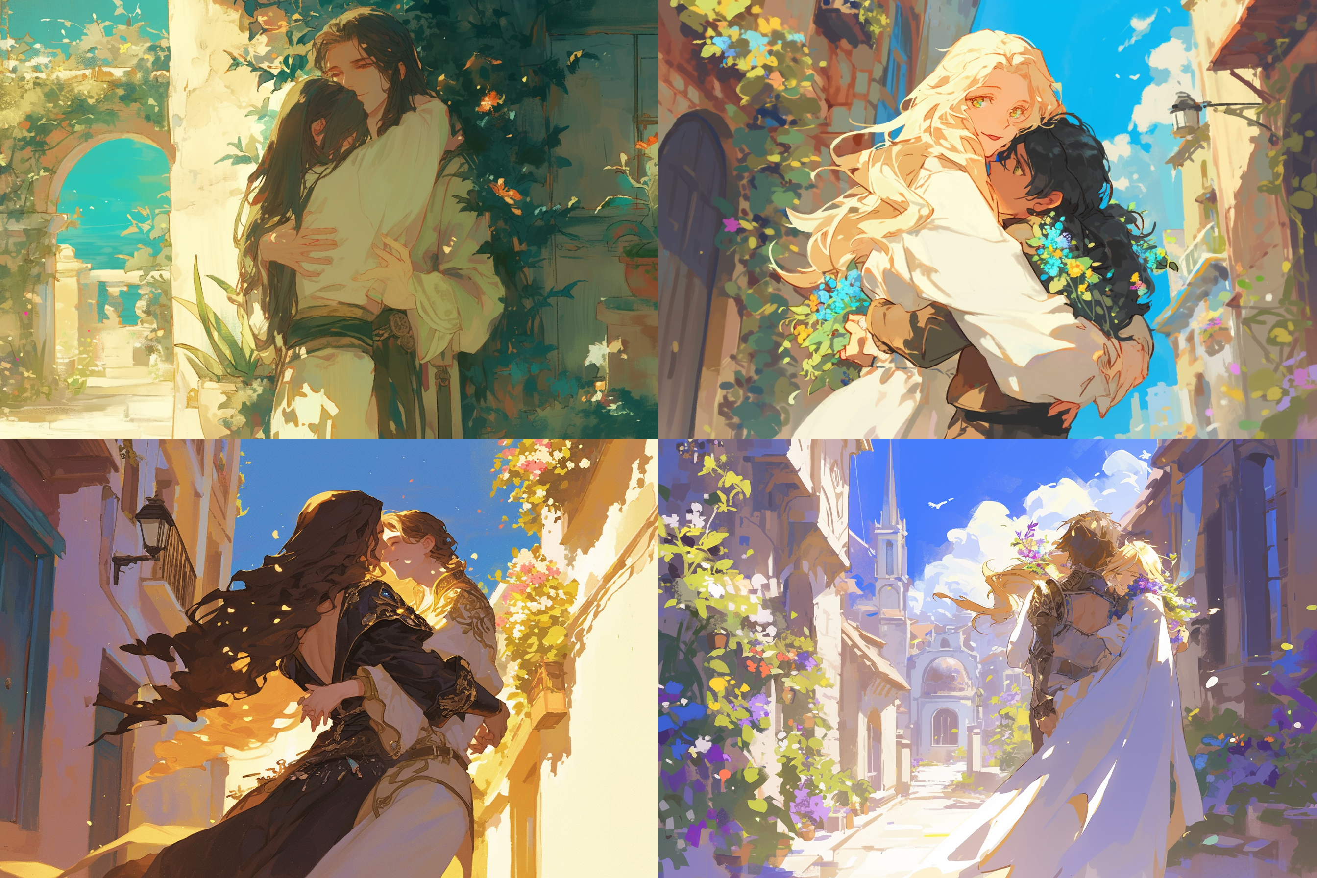 18岁男孩公主抱着另一个男孩，帅气，清冷的街道，野花，白天，深v领，美背，爱情，温馨，穿着清凉，广角，全身，长发