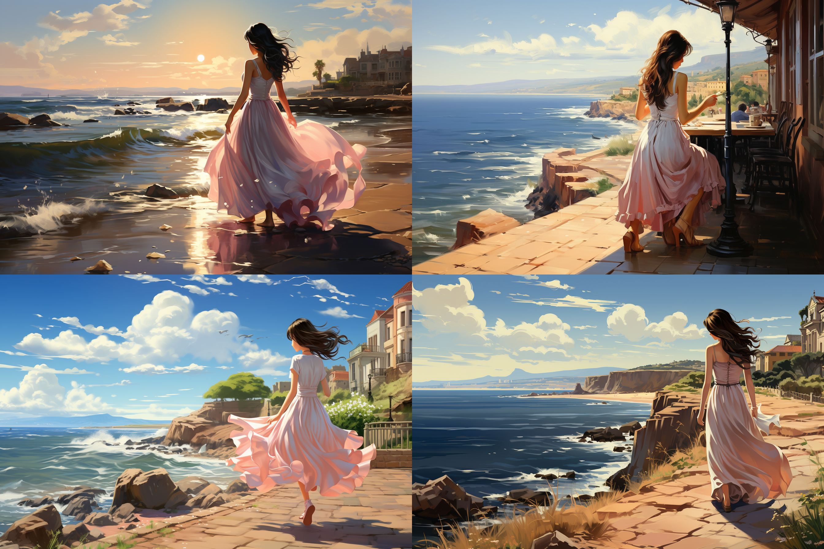 海边的亚洲女孩，长发，s型身材，傲人的上围，大长腿，粉色上衣搭配一条白色裙装，柔美，温婉，时尚，现实主义调色板，迷人的现实主义，工笔，辛烷值渲染。全局照明光线追踪，自己光，逆光，16k，