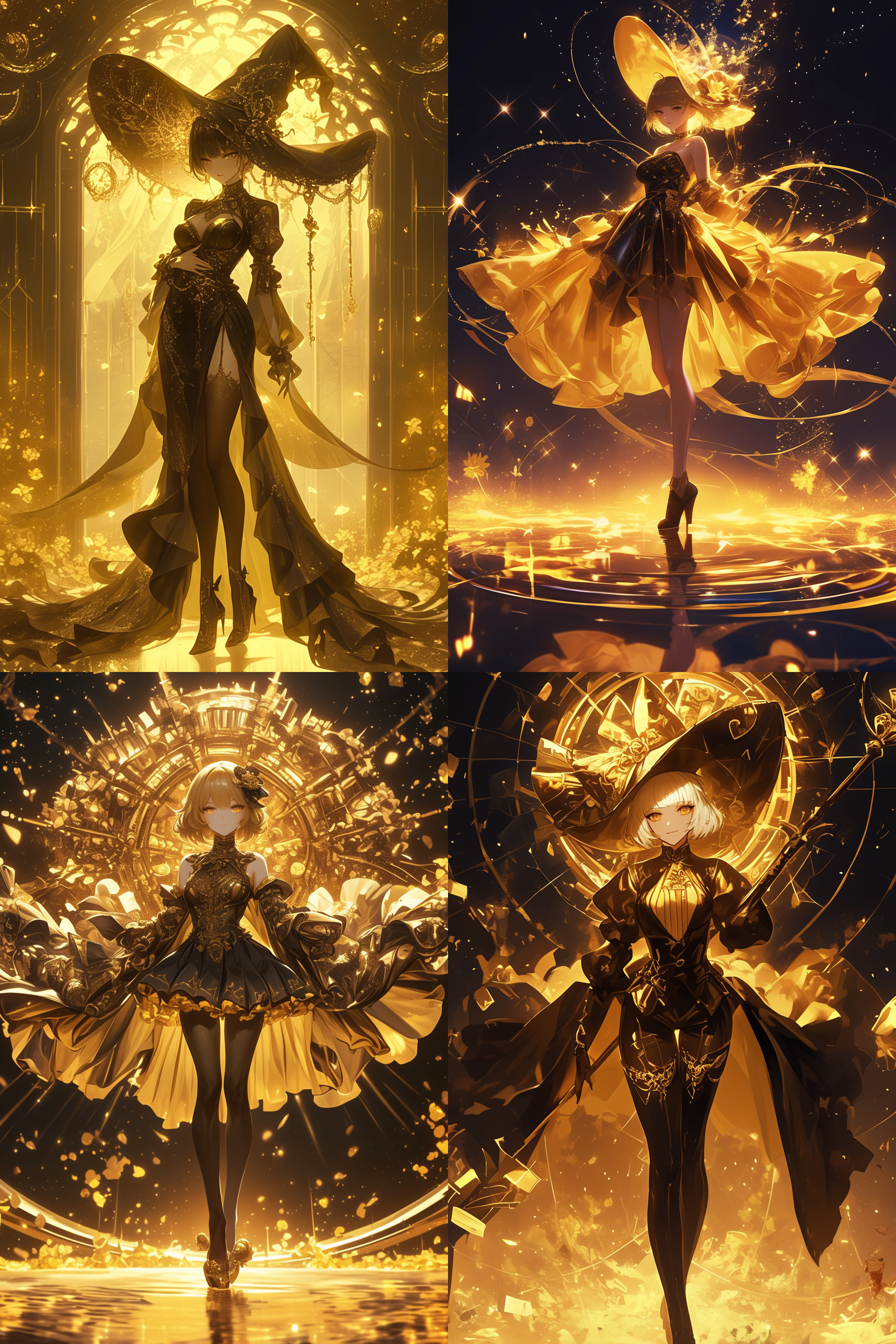 金色眼睛，妖异女性，洛丽塔服饰，全身，黑金绚丽背景，视觉冲击力，右上角打光，光影绚丽，万圣节妆容，短发，身材很好，令人难以置信的美丽，最佳质量