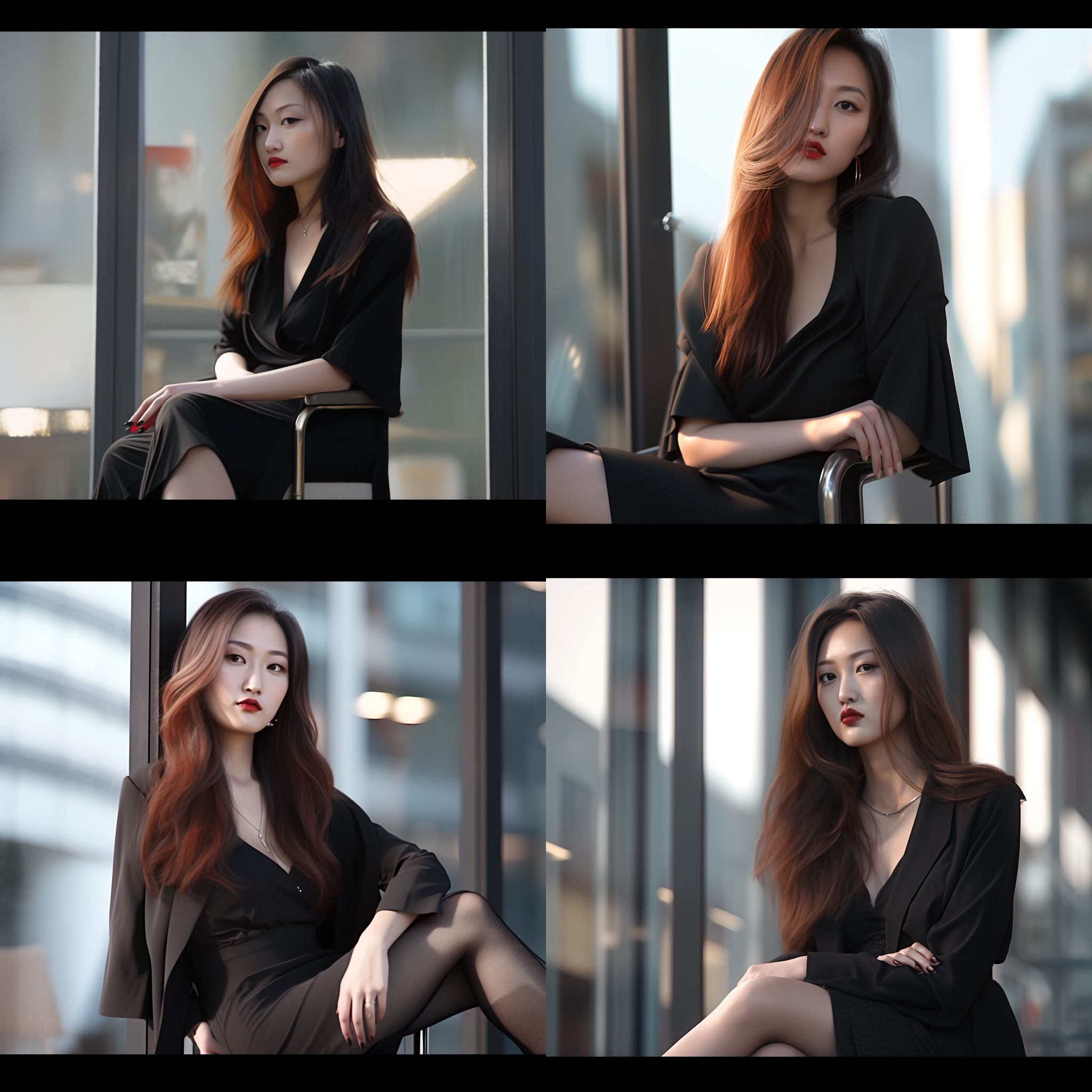 漂亮女士坐在金属椅上，双腿交叉，身着黑色低胸无袖紧身裙，黑丝长筒袜，棕色披肩长发，展现成熟魅力，办公室，极简构图，全景柔光，辛烷渲染