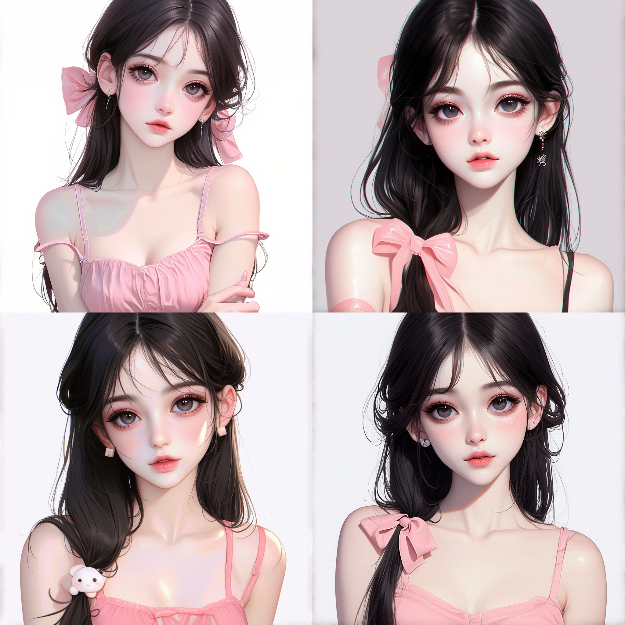 一个可爱女孩头像，大大的眼睛，精致的妆容，束起的头发，粉丝吊带裙