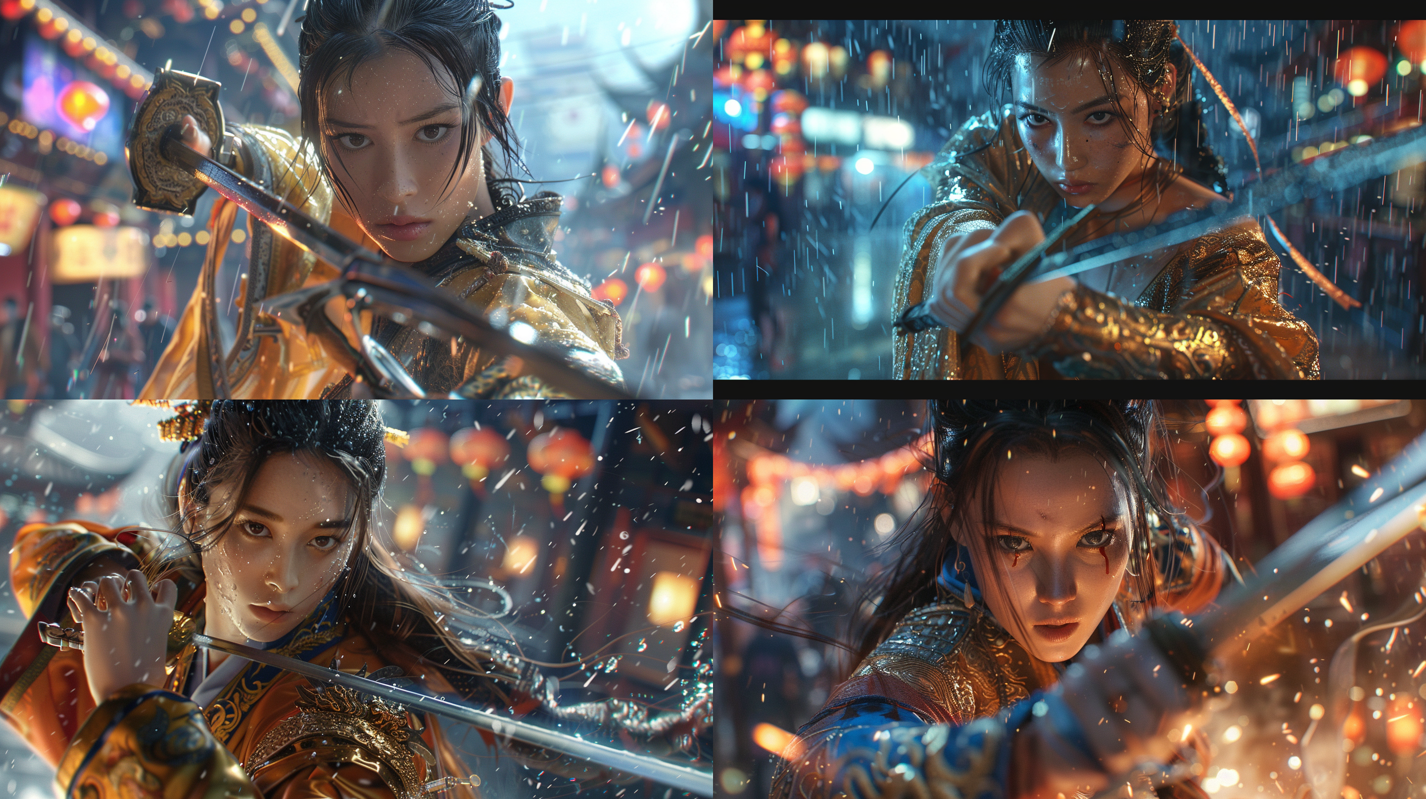 cyberpunk style, ancient chinese female hero with the face of actress liu yan, a seductive figure, dressed in ancient costumes, holding a long sword, and performing combat actions. front view, cyberpunk street background, mid shot photography, dragon element surround, tai chi circle, character close-up, ultra-high definition, detail madness, fantasy engine, 3d digital rendering, uhd, video shooting, clear appearance design, 8k, leica lens.,,in clothes