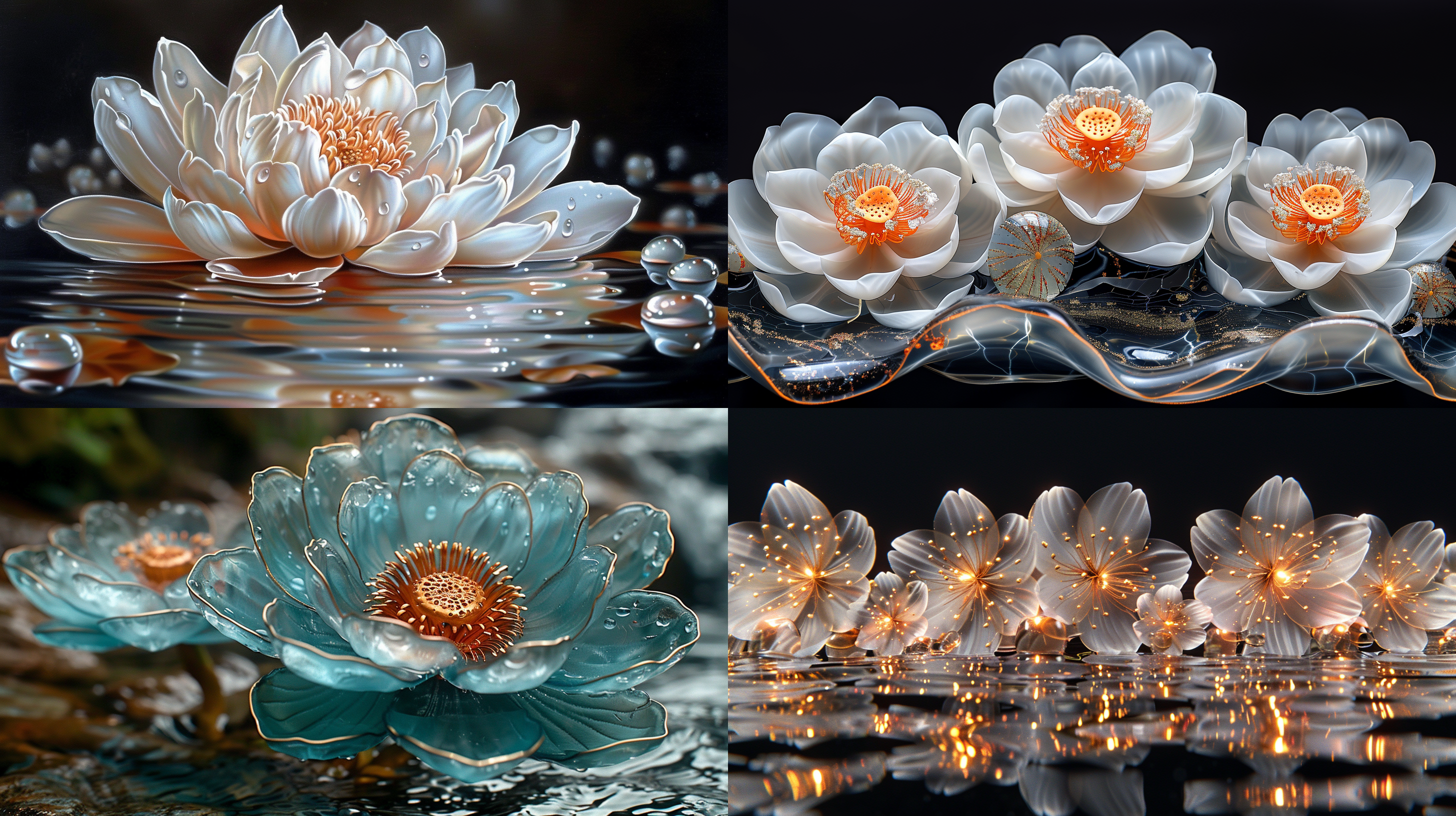 荷花和荷叶，黑色背景，梦幻细节风格，主体位于屏幕底部，白色和深金色，超现实水面，玻璃雕塑，特写，空灵插画，轻薄面料，细腻，黑白金三种颜色出现。