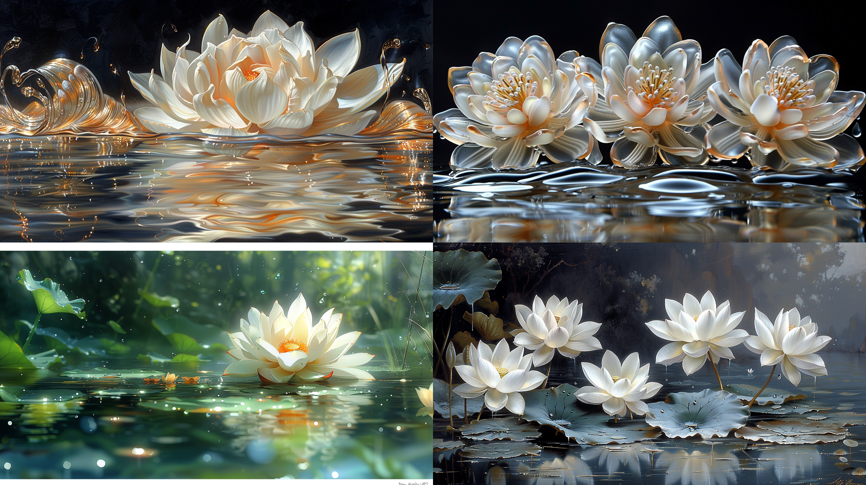 荷花和荷叶，黑色背景，梦幻细节风格，主体位于屏幕底部，白色和深金色，超现实水面，玻璃雕塑，特写，空灵插画，轻薄面料，细腻，黑白金三种颜色出现。