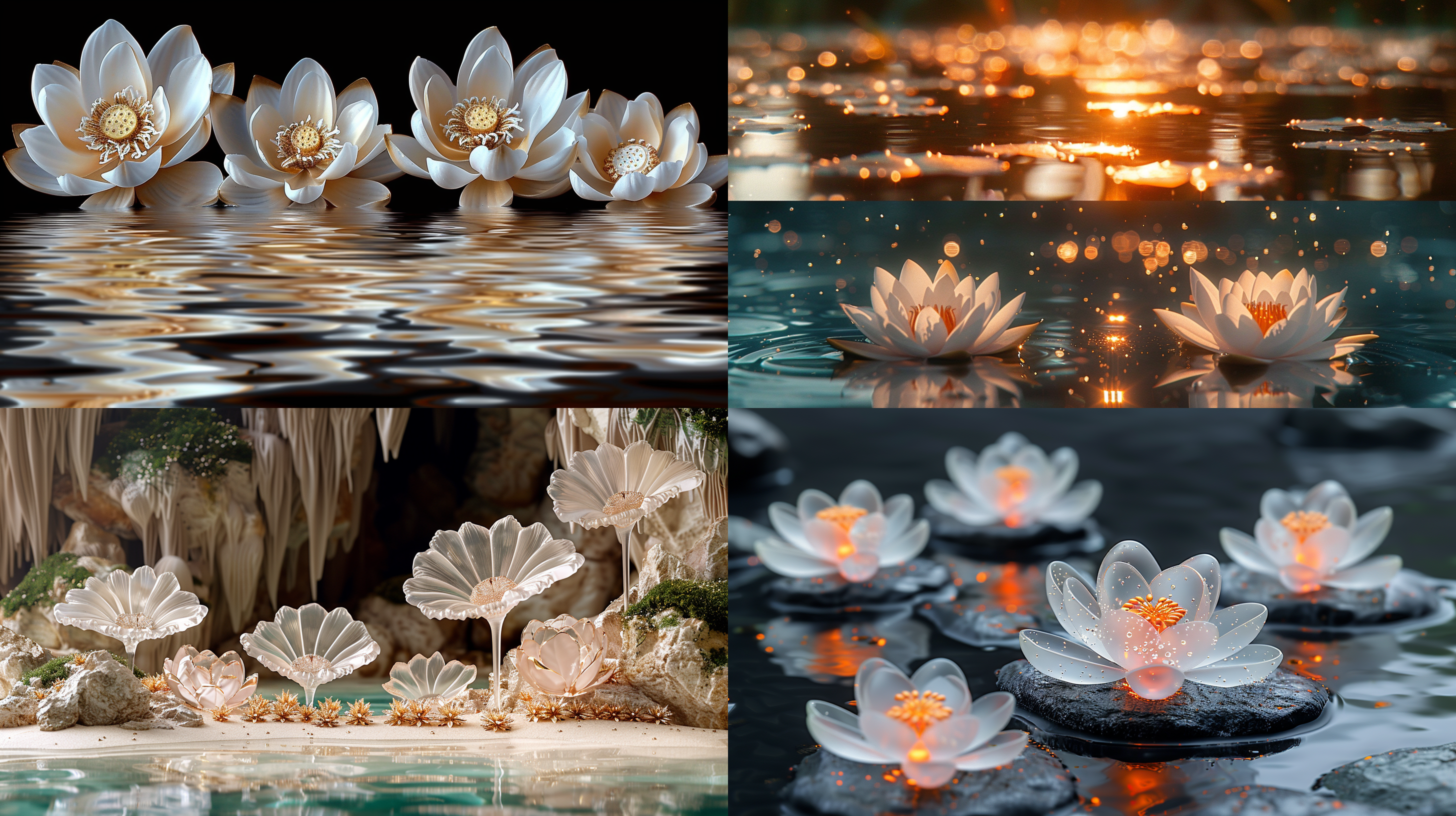 荷花和荷叶，黑色背景，梦幻细节风格，主体位于屏幕底部，白色和深金色，超现实水面，玻璃雕塑，特写，空灵插画，轻薄面料，细腻，黑白金三种颜色出现。