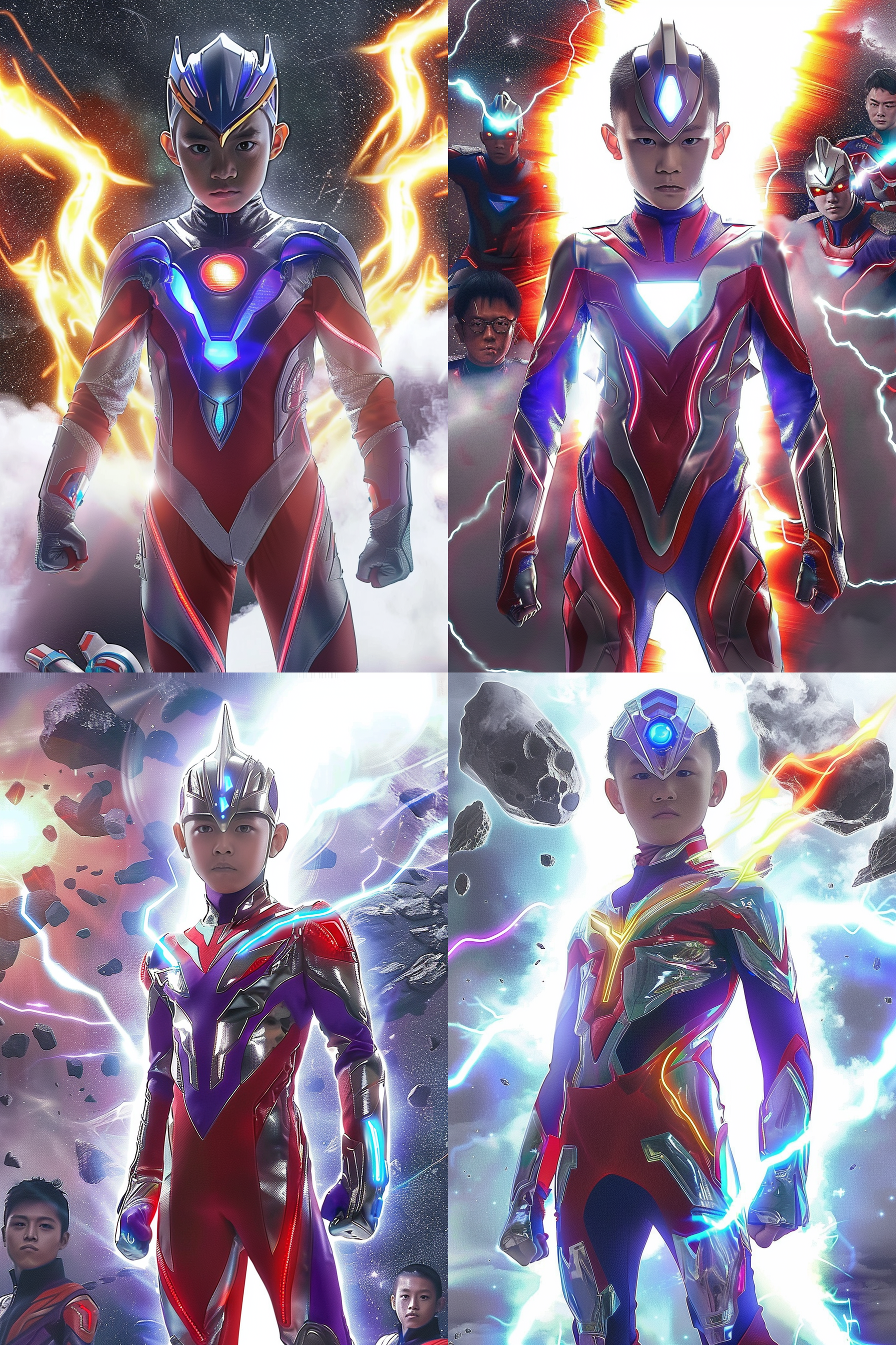 奥特曼吉加查德，身穿jk制服，站在太空学员背景下，手臂后背，能量光环环绕，紧身套装，动作准备战斗，彩色灯光照亮，poggers表情，灵感自奚刚，细节如火影忍者。太空环境，明亮色调，宽角镜头，高对比度，官方产品图风格。