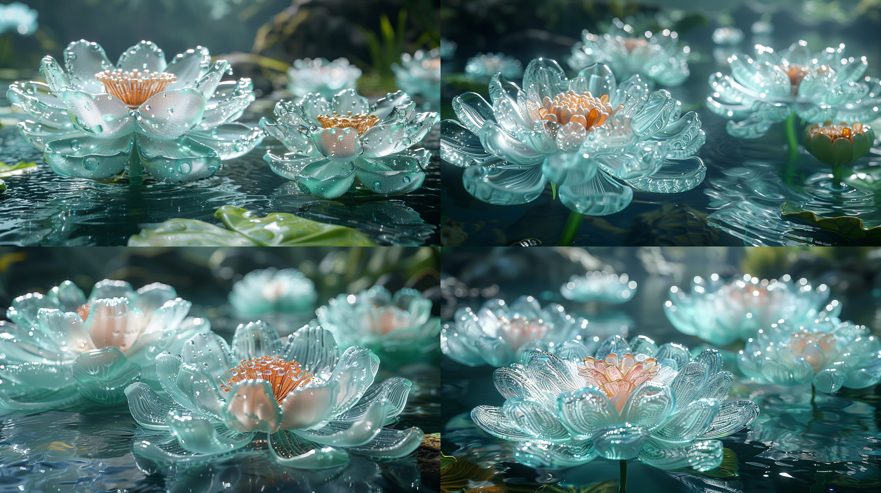 荷花和荷叶，黑色背景，梦幻细节风格，主体位于屏幕底部，白色和深金色，超现实水面，玻璃雕塑，特写，空灵插画，轻薄面料，细腻。