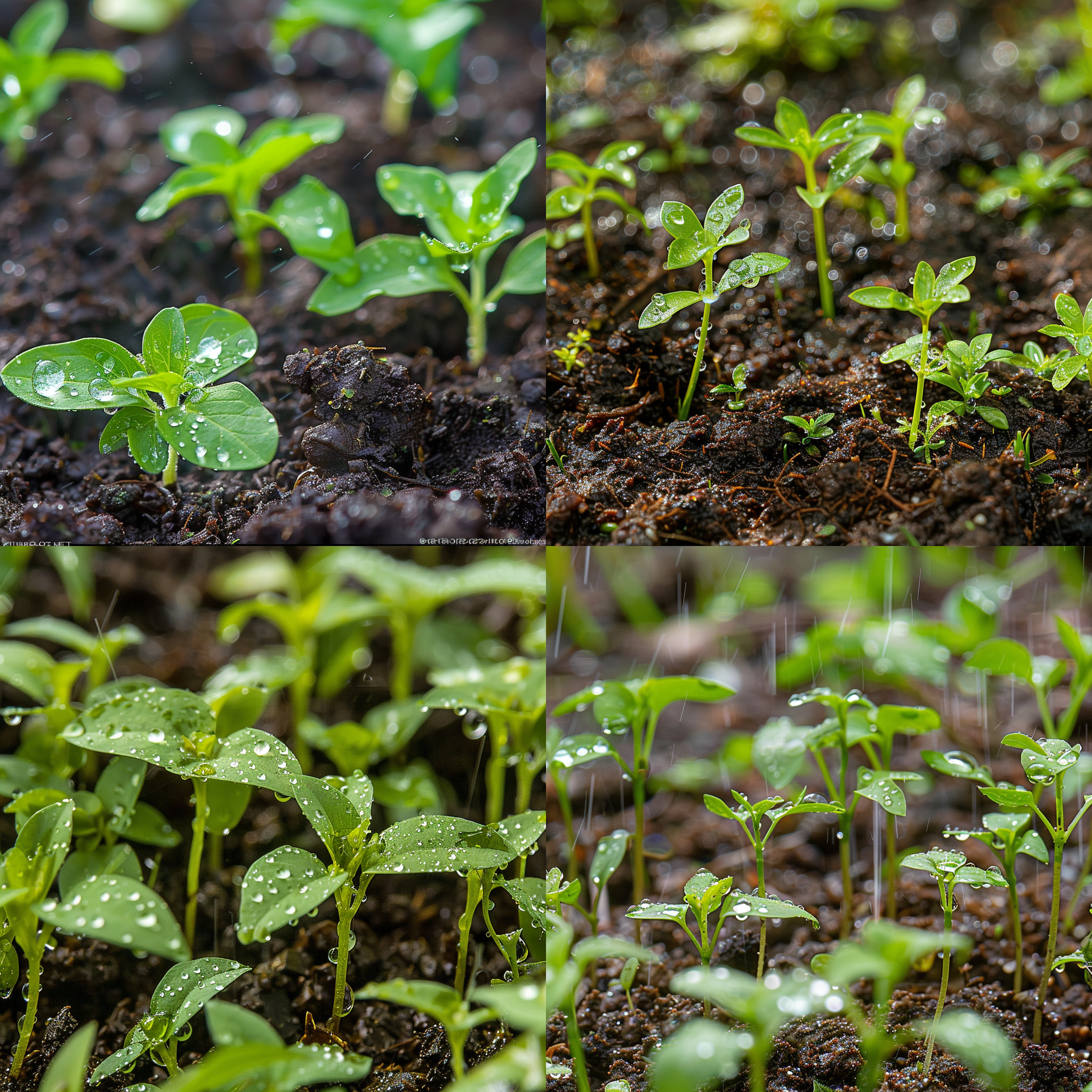 雨中绿植，细雨纷飞，泥土湿润，清晰细节，逆光拍摄，自然光线，微距镜头，静态，清新色调，生机。
