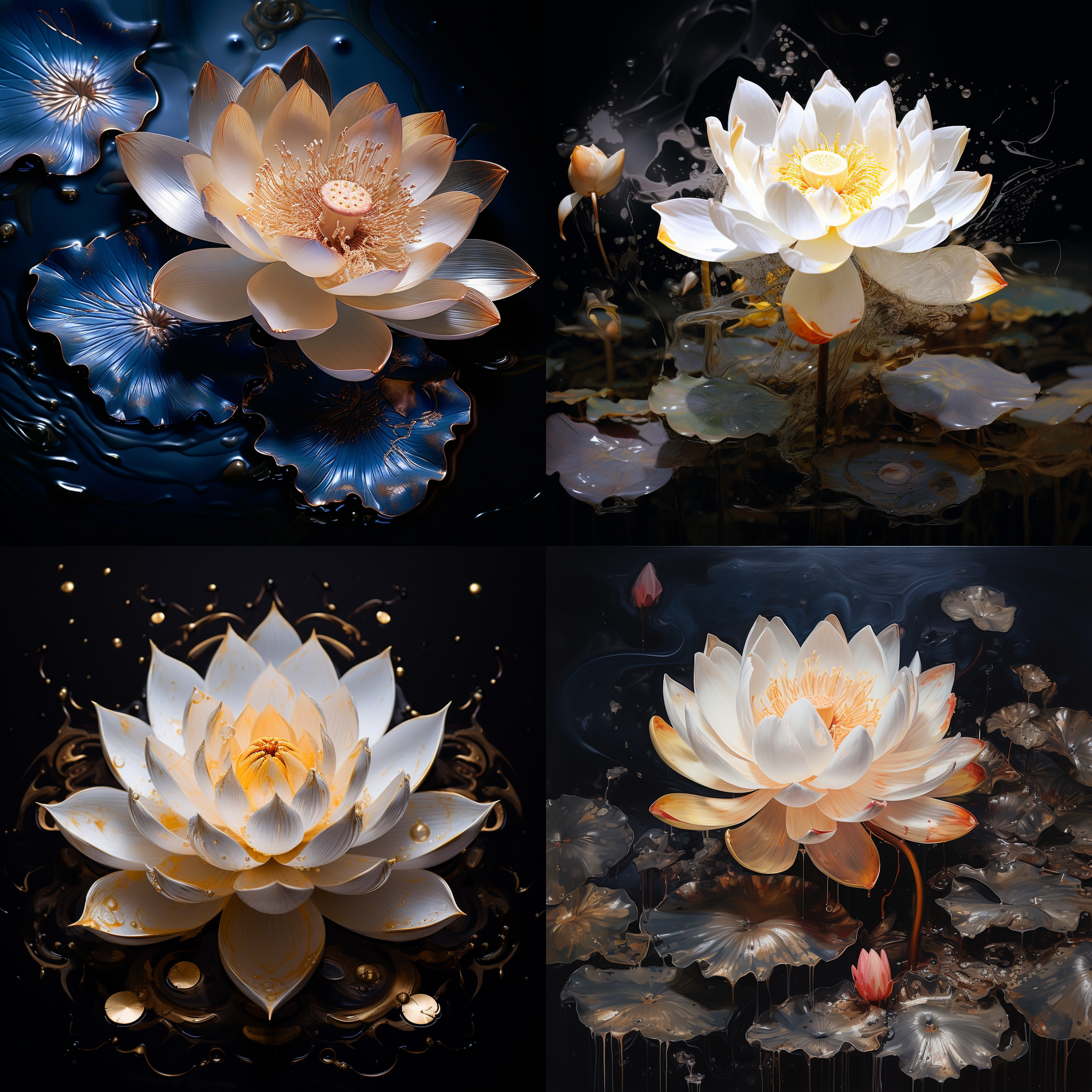 荷花和荷叶，黑色背景，梦幻细节风格，主体位于屏幕底部，白色和深金色，超现实水面，玻璃雕塑，特写，空灵插画，轻薄面料，细腻，黑白金三种颜色出现。