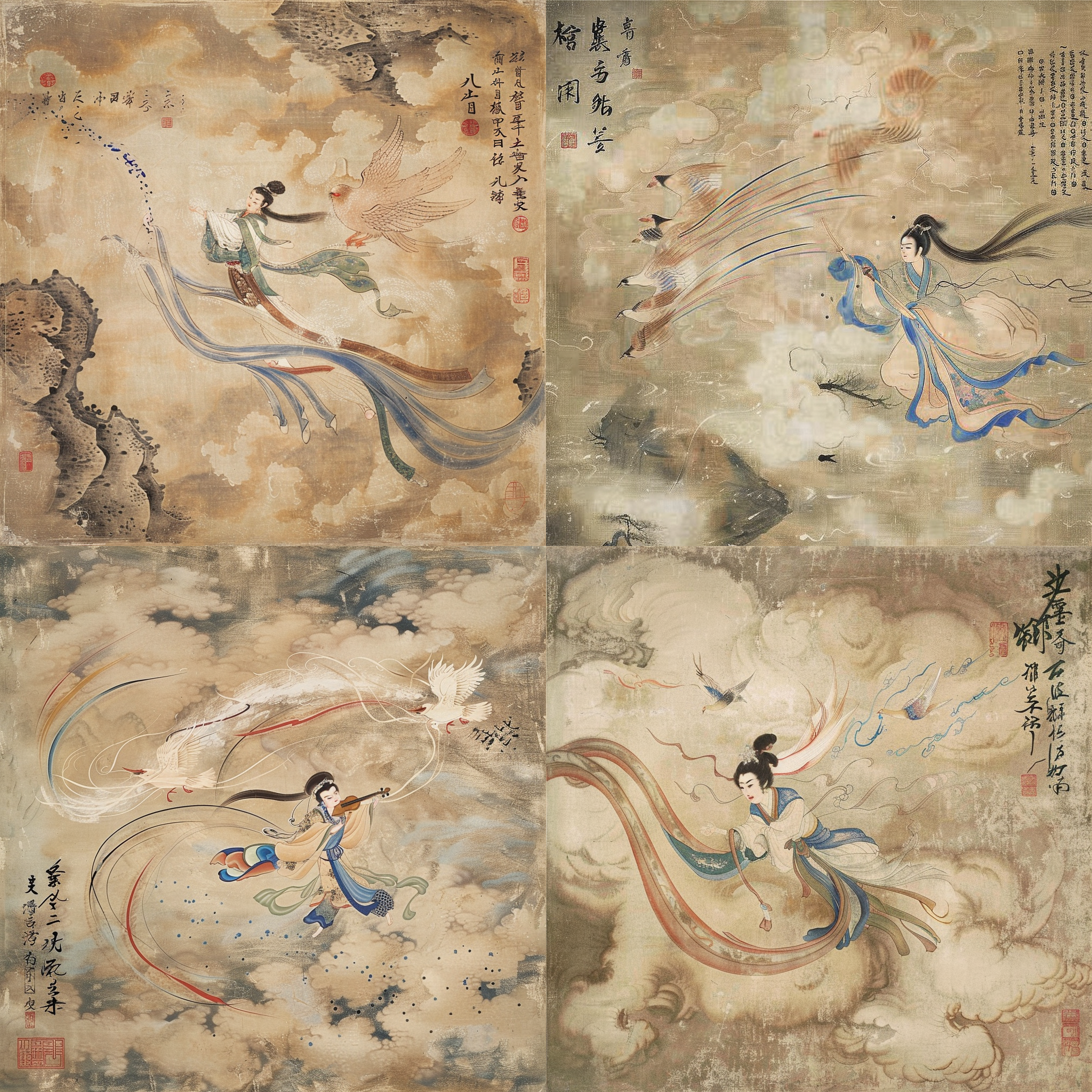 qing dynasty painting, flying through the clouds, mana shooting from his hands, (fantasy violin), by kamāl ud-dīn behzād, louvre contest winner, doves, aerial silk, provenance, connectedness, imagining a blissful fate, mogao grottoes, beijing, cai xukun, creative commons attribution, xiaolong wang