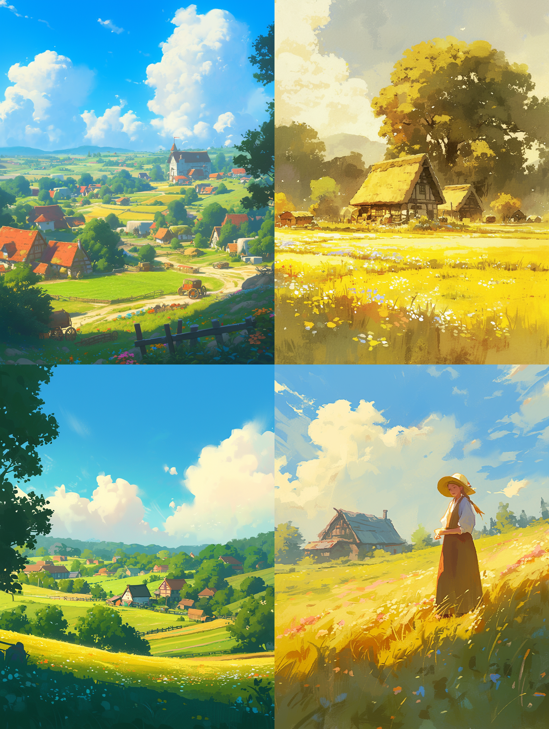 宁静村庄，晨雾笼罩，田野辽阔，农舍静谧，绘本风格，儿童欢笑，色彩缤纷，柔和光线，鸡鸣声响，温馨氛围。