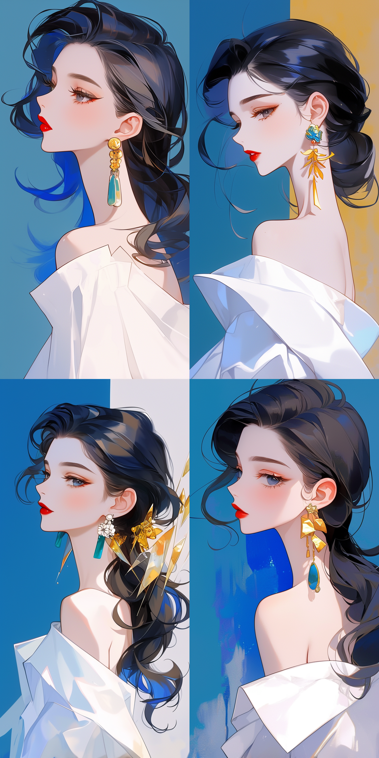 女孩扁平插画，牛油果绿背景，极简艺术，白色长裙，红色口红，迷人眼神，绿色复古耳环，侧脸角度，柔和光线，柔和色调，娴静情绪。