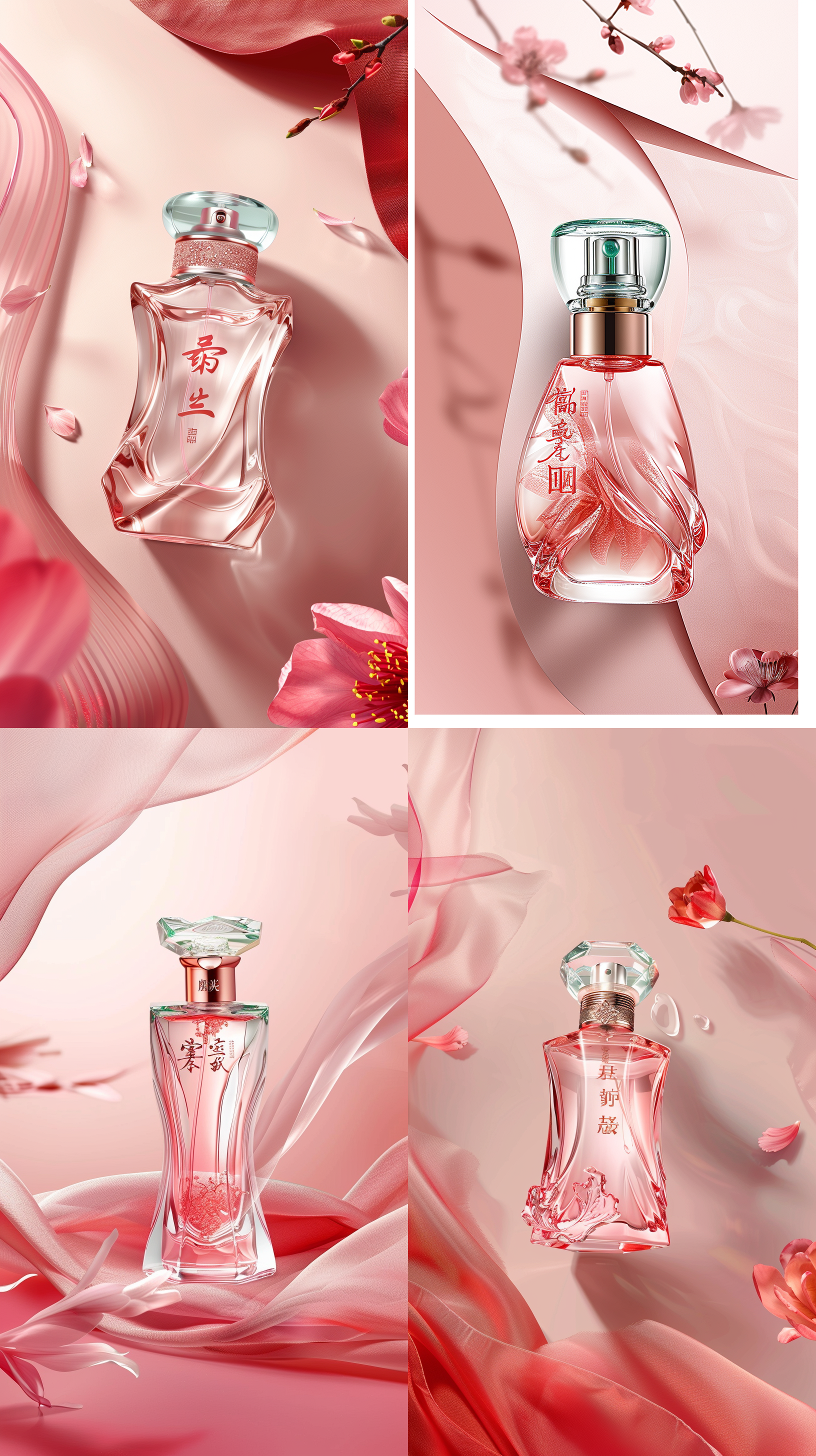 a fragrance bottle lying on a pink background, in the style of light indigo and light emerald, glorious, bugcore, soraya saga, bold curves, eye-catching, hyman bloom