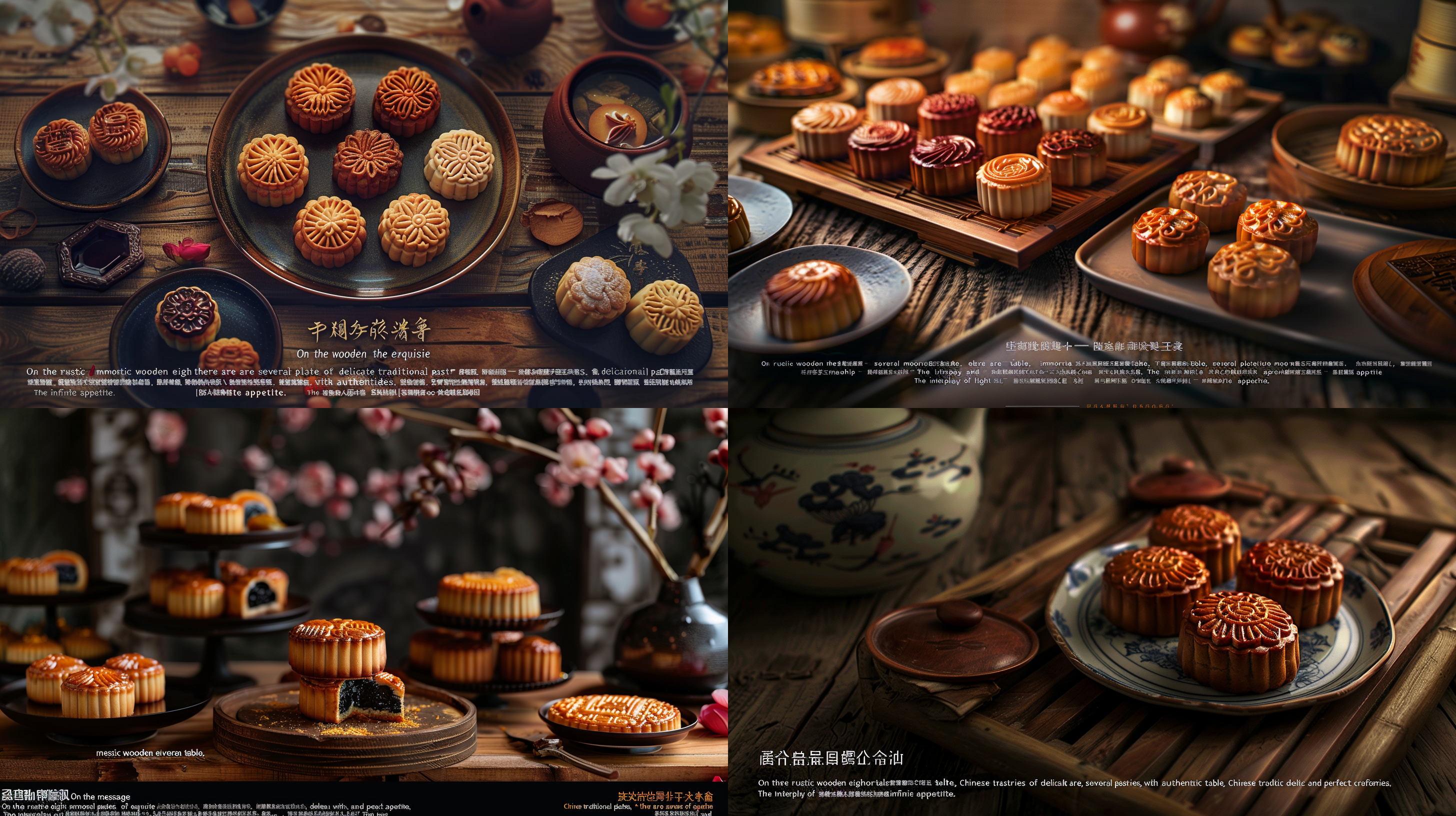 在古朴的木质八仙桌上摆着几盘精致的中国传统糕点，精致的月饼，真实的细节，完美的细节，能唤起人无限的食欲，光影层次丰富，短景深，特写镜头，真实的摄影，照片