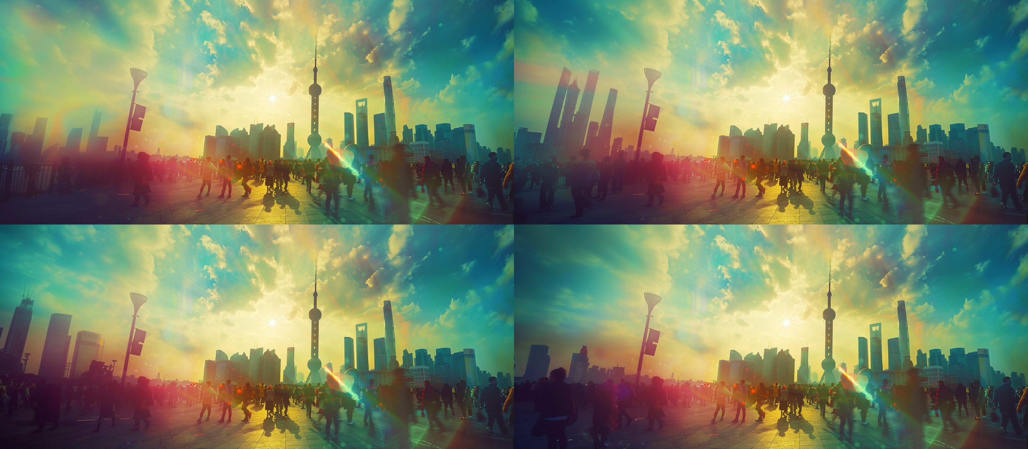 on the bustling streets of shanghai, amidst the iconic silhouette of the oriental pearl tower, a vibrant crowd moves through the scene, while the wind sweeps through the sky, parting the clouds and revealing a magnificent rainbow. meanwhile, a distant star slowly devours the bright sun. the overall photography style features a hint of vintage coloration, depicted through a wide-angle lens with a straight-on perspective.