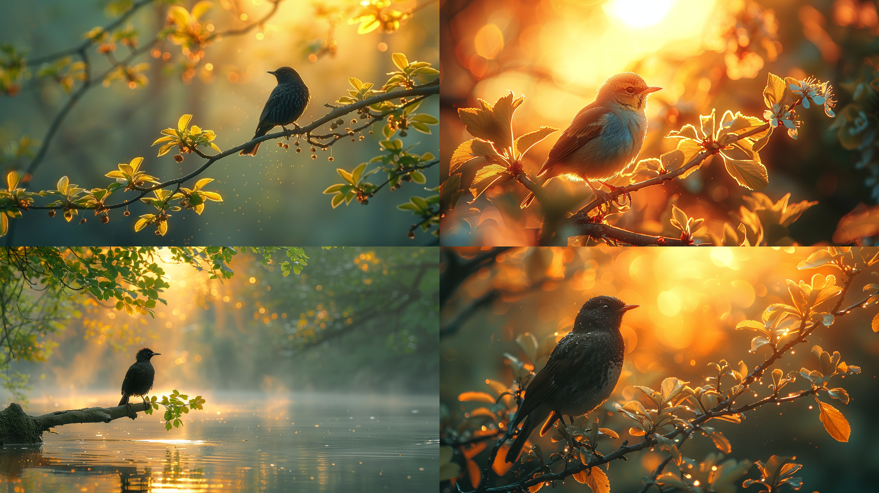 summer landscape, the sun casts dappled light and shadow through the leaves, the trees sway gently in the breeze, and a bird sits on the branches, creating a refreshing and comfortable atmosphere.outdoor environment, telephoto lens, backlight shooting, natural colors, tranquility and pleasure