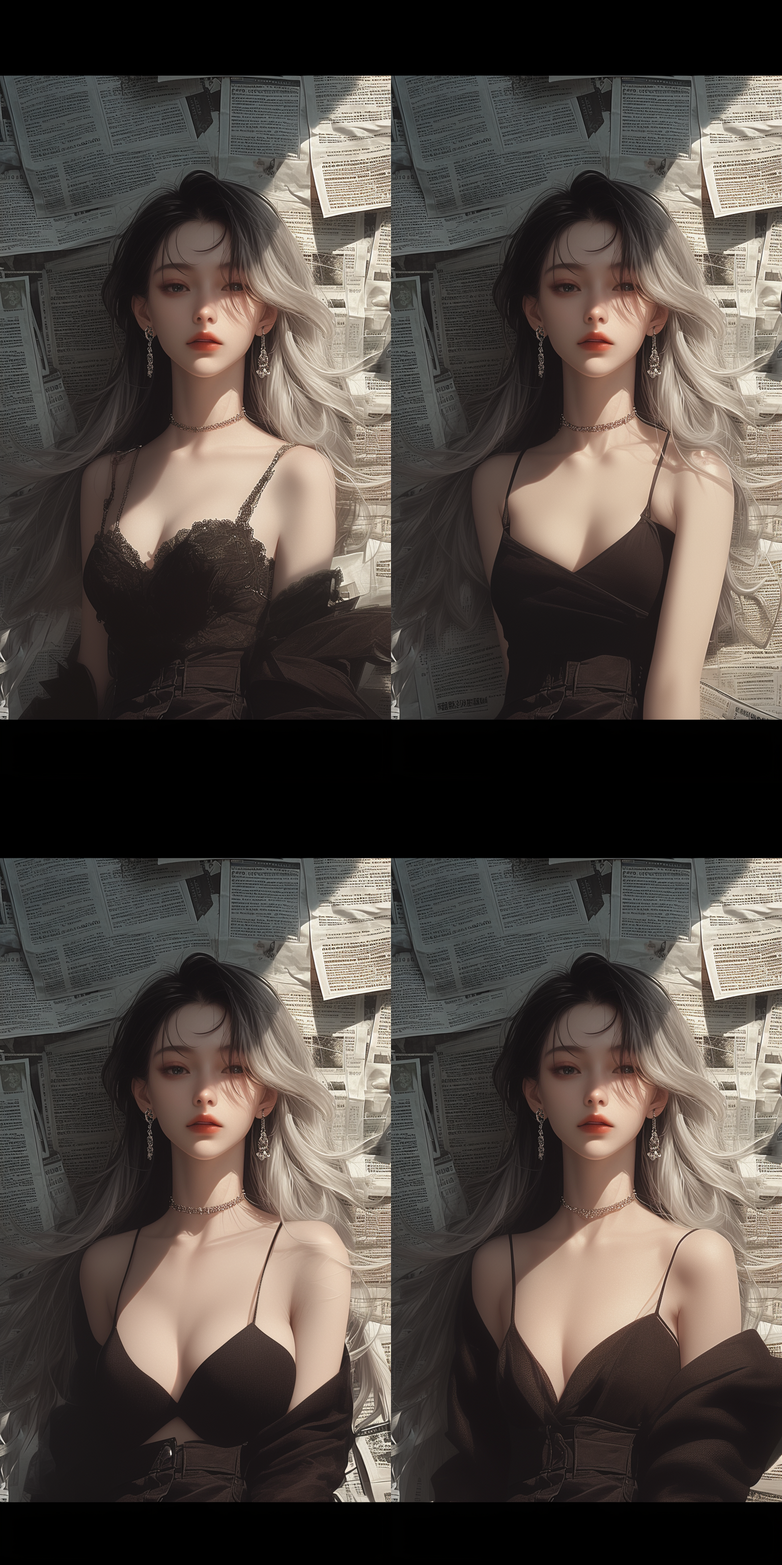 黑发美女，正面照，上半身，靠墙，墙上贴满报纸，与图片相似