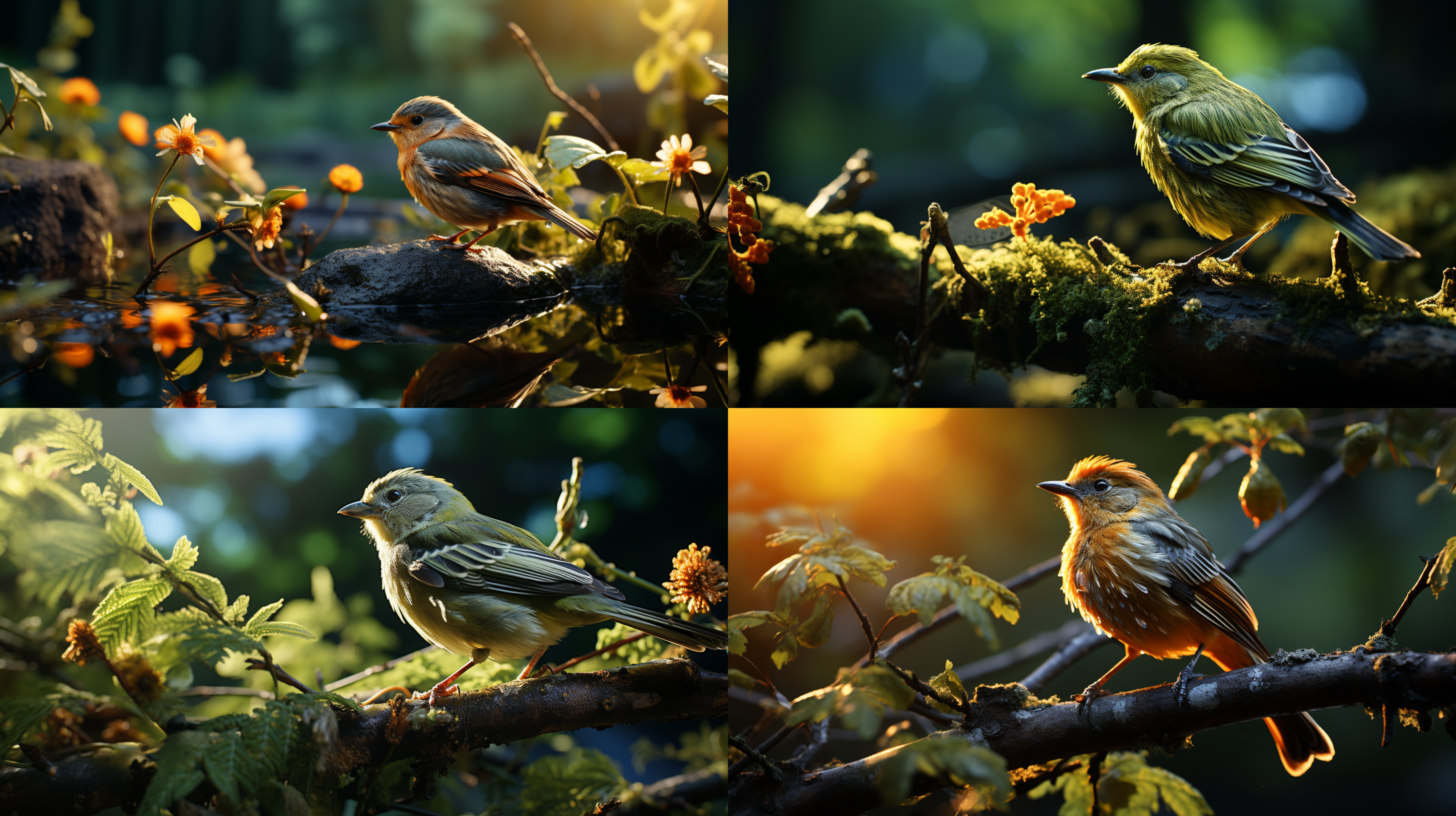 summer landscape, the sun casts dappled light and shadow through the leaves, the trees sway gently in the breeze, and a bird sits on the branches, creating a refreshing and comfortable atmosphere.outdoor environment, telephoto lens, backlight shooting, natural colors, tranquility and pleasure