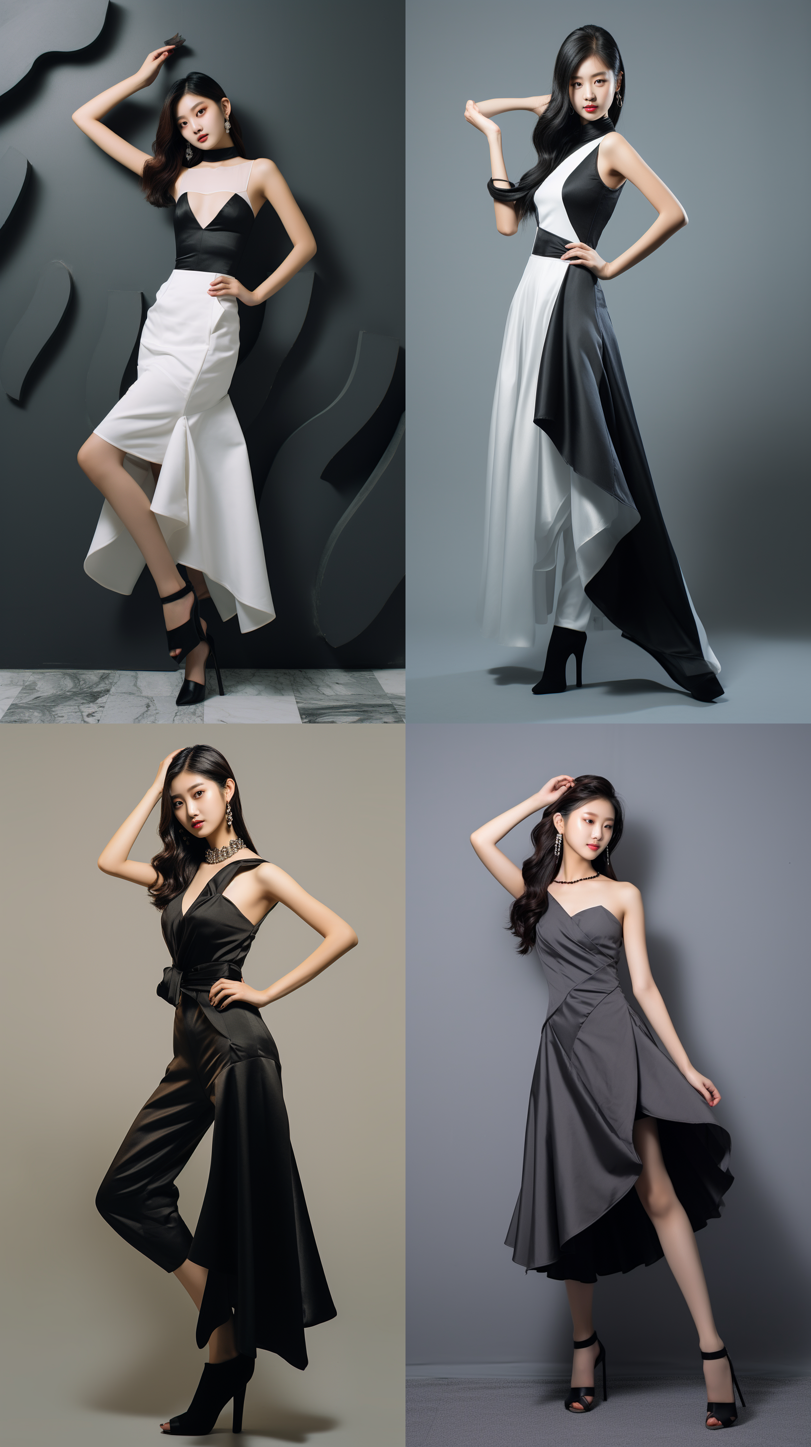 charm photography, full body side shots, curved composition, far/light shots, a beautiful photo of a chinese tiktok girl, with her head naturally pointing upwards, her body leaning forward, and her arms naturally lifting, while the back of her hand pressing against her waist, showcasing an elegant feminine temperament. perfect body curves, stunning details, abstract modern fashion style, pure white background, rembrandt lighting, backlighting, dslr