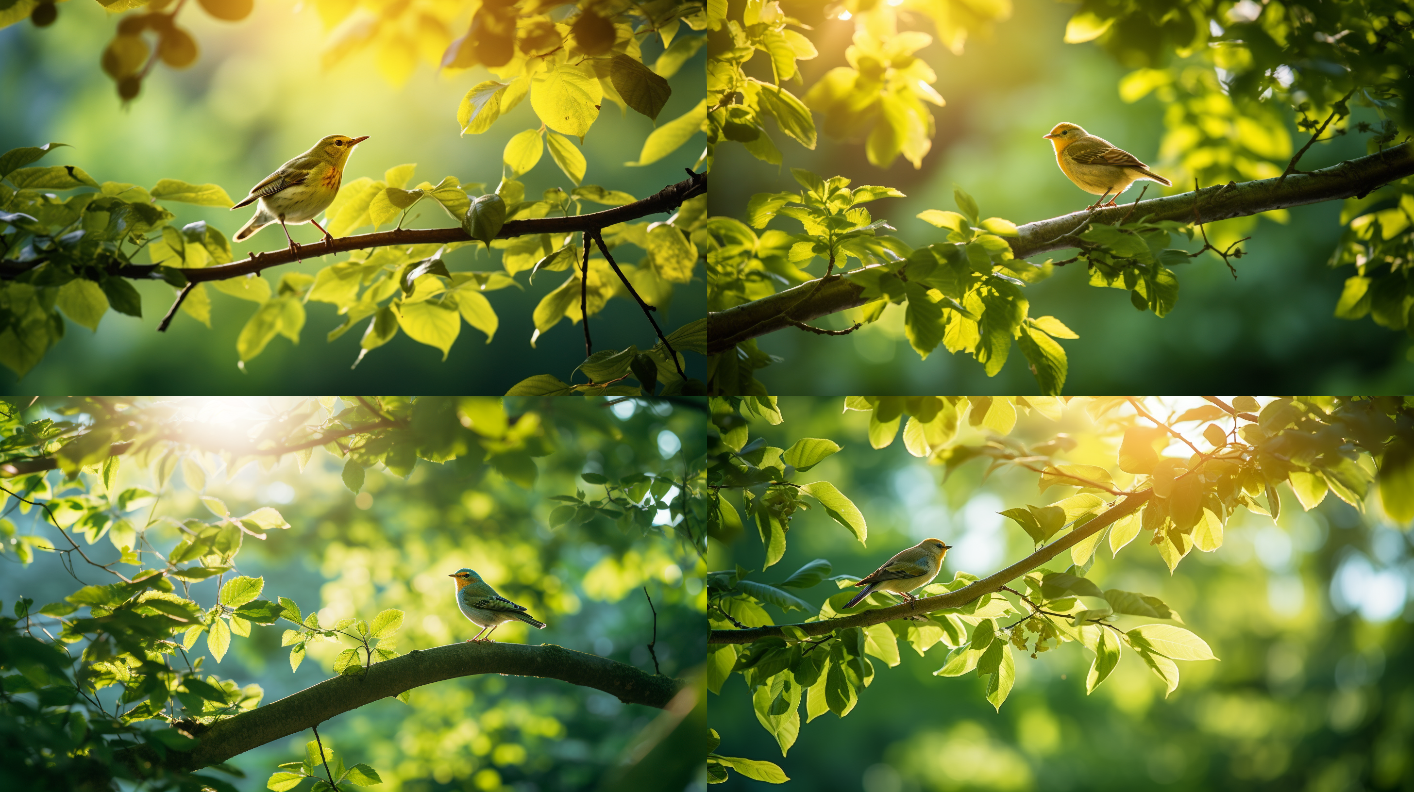 summer landscape, the sun casts dappled light and shadow through the leaves, the trees sway gently in the breeze, and a bird sits on the branches, creating a refreshing and comfortable atmosphere.outdoor environment, telephoto lens, backlight shooting, natural colors, tranquility and pleasure