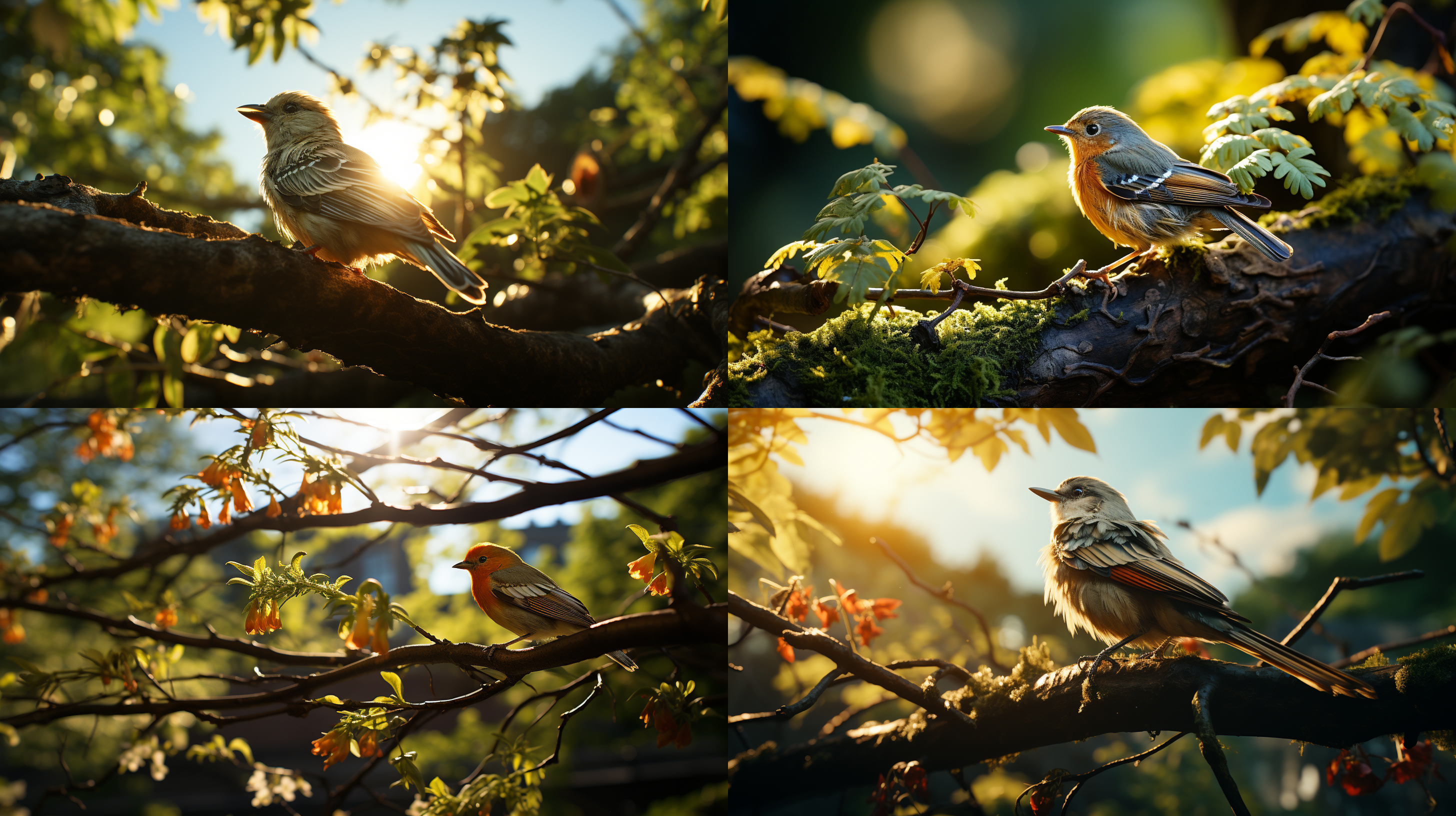 summer landscape, the sun casts dappled light and shadow through the leaves, the trees sway gently in the breeze, and a bird sits on the branches, creating a refreshing and comfortable atmosphere.outdoor environment, telephoto lens, backlight shooting, natural colors, tranquility and pleasure