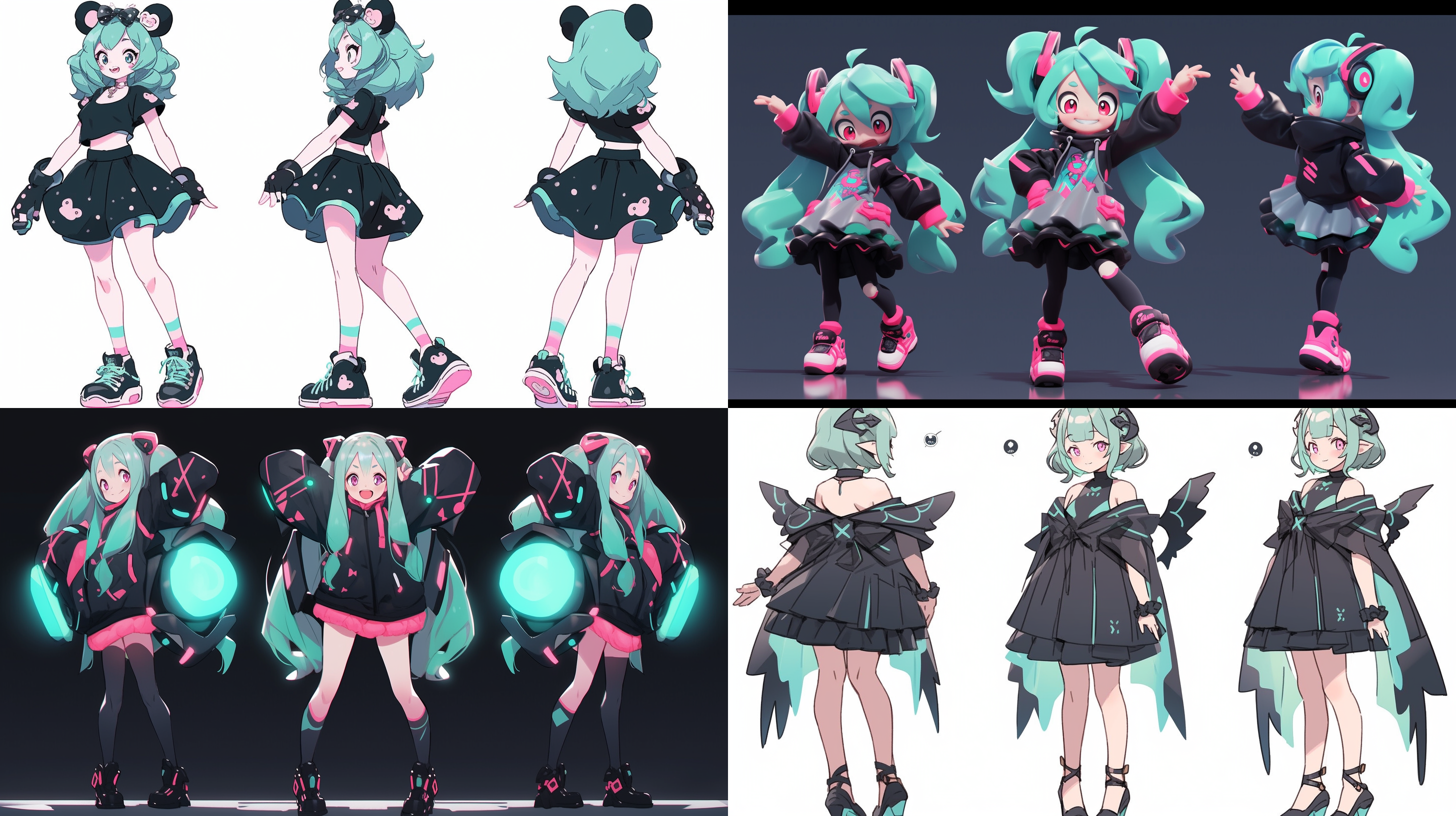 generate a full-body image of a super cute long turquoise double-tailed girl character who is dancing in three different angles - front, side and back. she wore a black dress and a corset with turquoise and pink details. as she stretched out her arms and bent them, she displayed delicate and precise footwork. her eyes are bright and she has a futuristic look with digital elements integrated into her outfit to add to her charm. full body display, no occlusion, no watermark, no incomplete body. the image should resemble a physical model of a blind box toy, reflecting the typical gloss of such a toy. the background should be clean and crisp to deliver the figure, and the image should be presented in the best 3d quality, best for 4k resolution display.
