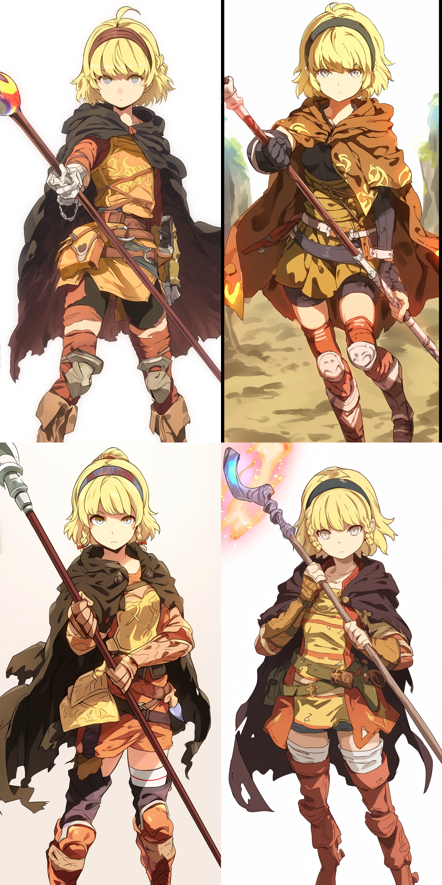 年龄16岁，个子较矮，没有辫子，金色短发美丽少女，头上戴着发箍，蓝色的眼晴，手持法杖，如同娃娃般无表情可爱的脸