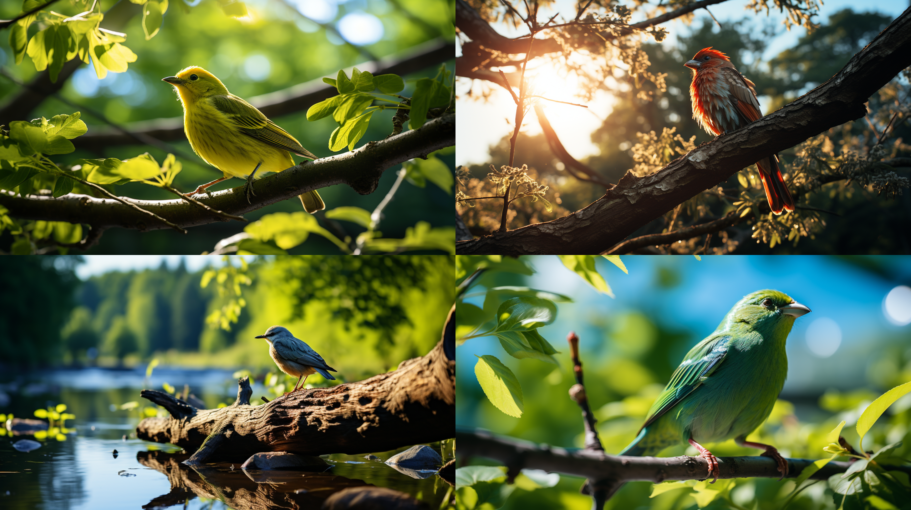 summer landscape, the sun casts dappled light and shadow through the leaves, the trees sway gently in the breeze, and a bird sits on the branches, creating a refreshing and comfortable atmosphere.outdoor environment, telephoto lens, backlight shooting, natural colors, tranquility and pleasure