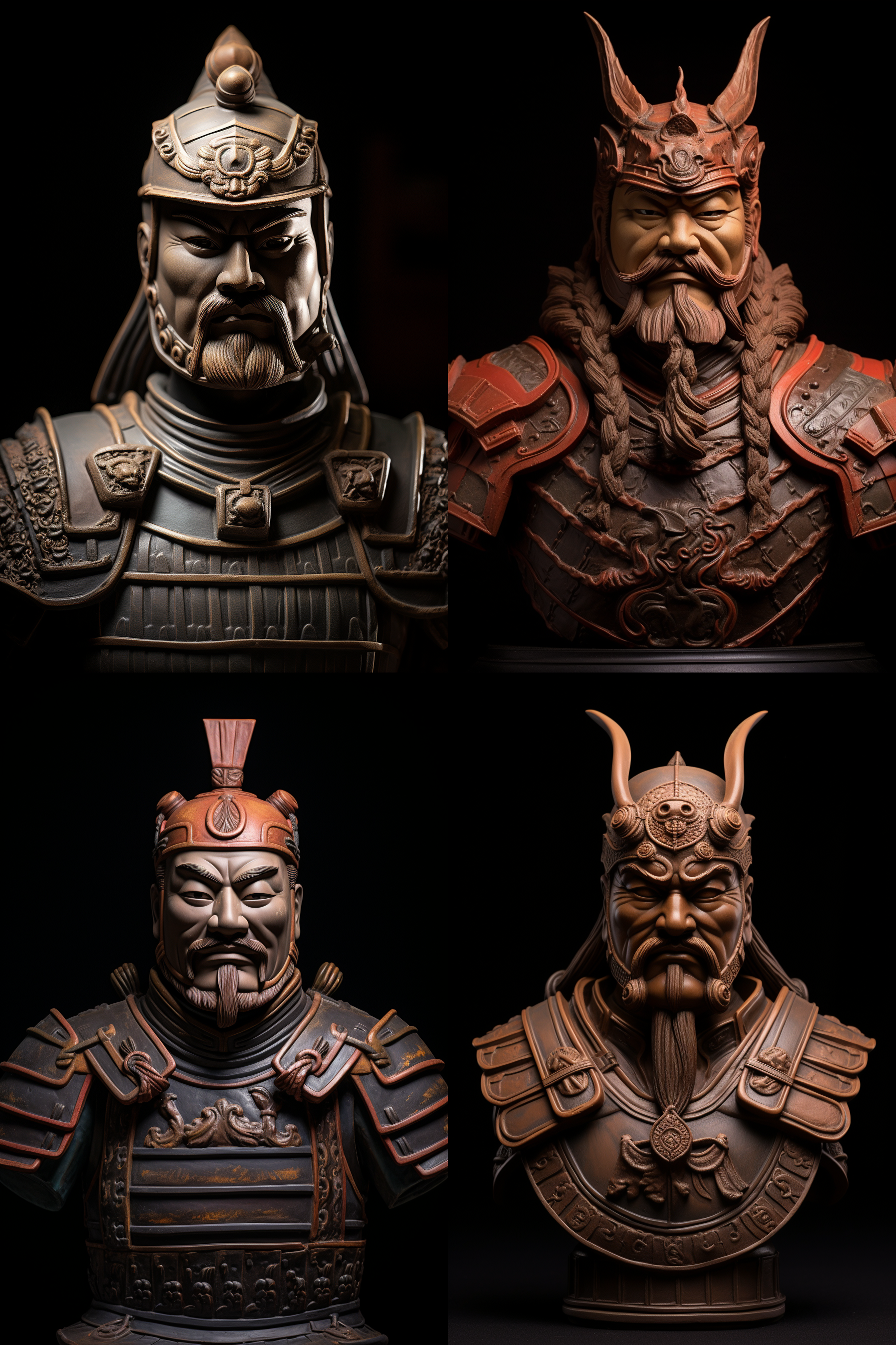 秦始皇兵马俑将军俑半身，写实面容，夸张龙头头盔，正面半身构图，右上角打光，暗面阴影分明，艺术美感，高饱和色彩，细节丰富，光影对比强烈，金属质感，神秘氛围，历史与未来交融，oc渲染器。 未来主义