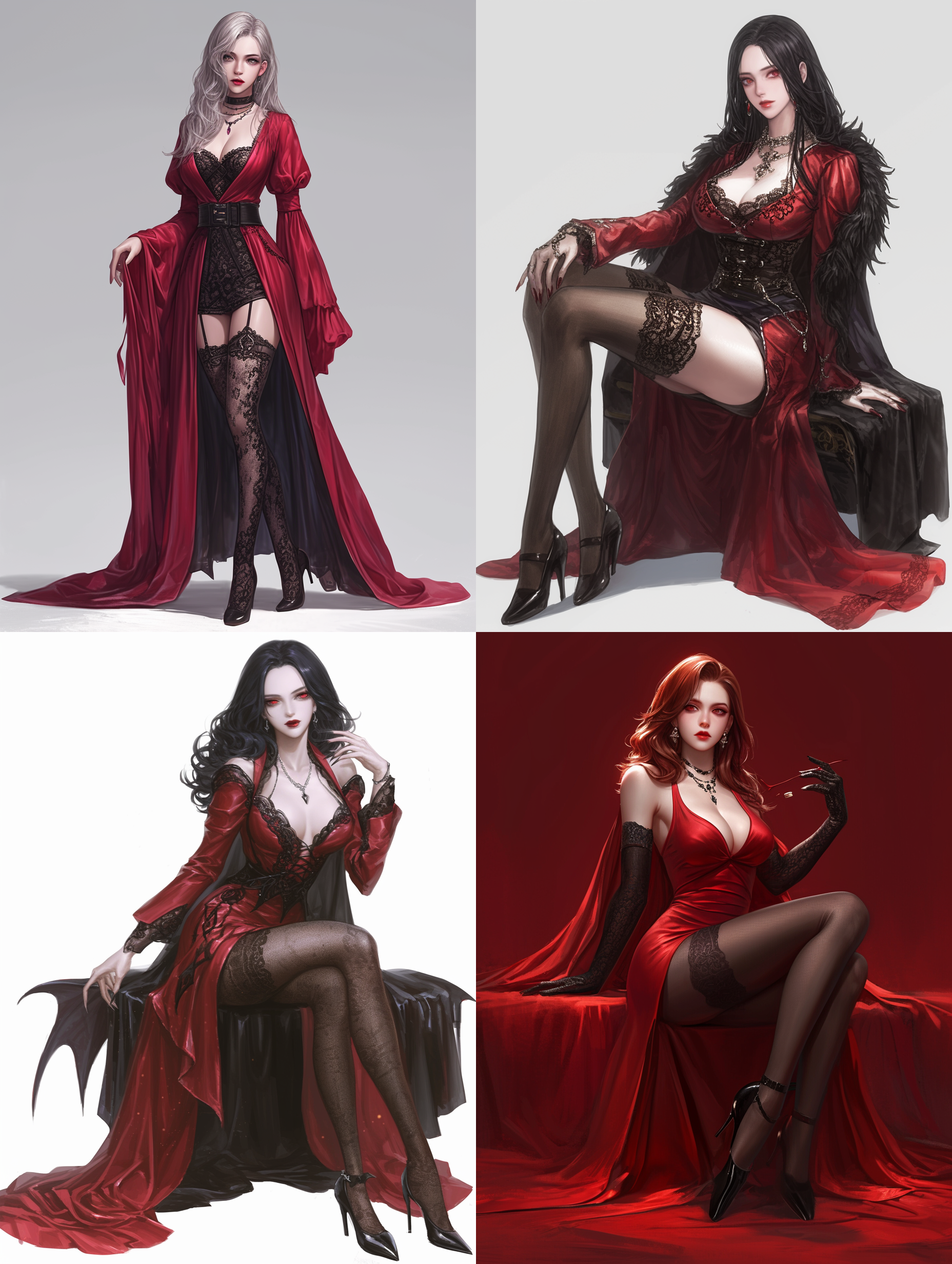 vampire beauty, red deep v-shaped dress, black lace stockings, high heels, long legs, gothic style, realistic proportions, 8k