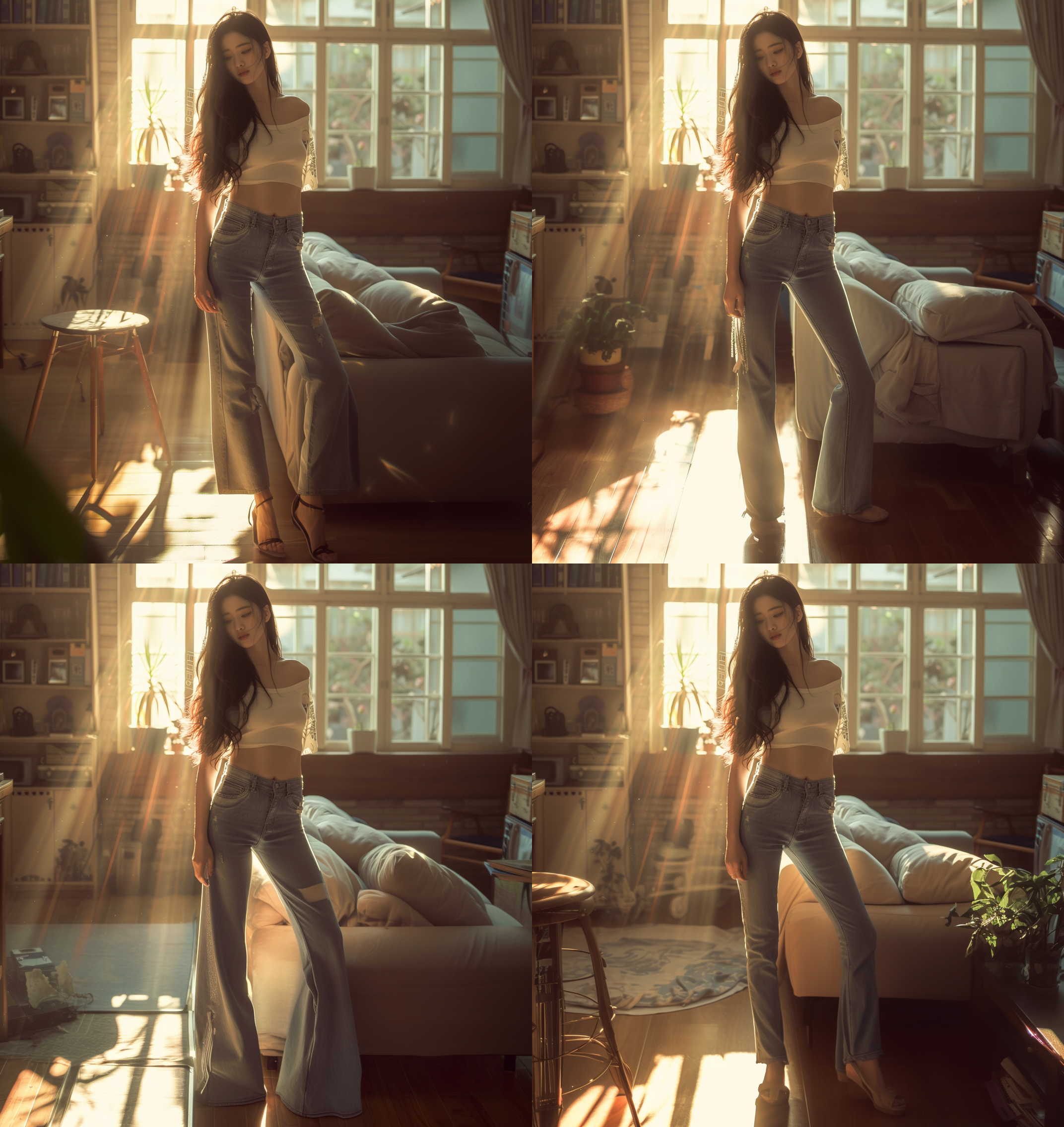 中国美女，紧身牛仔裤，白色短体恤，露脐，黑色长发，站立，大长腿，高跟鞋，优雅气质，客厅，阳光照射，细节丰富，自然光，长焦镜头，柔和阴影，高饱和度，静态美。