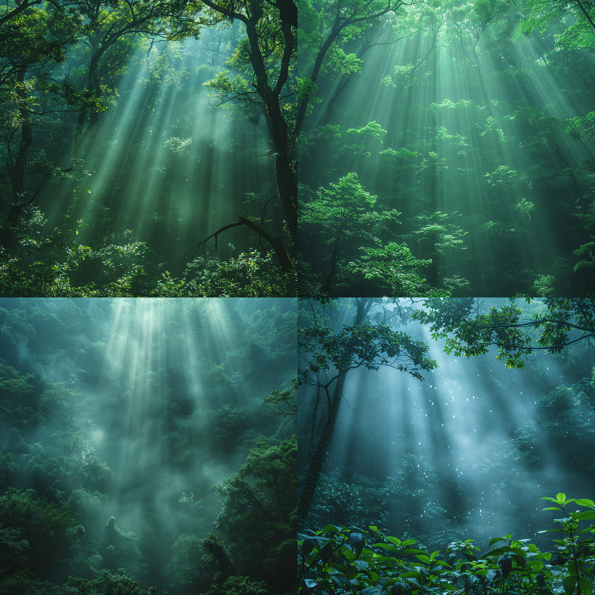 forest background, natural light, low angle, wide composition, haze, sunlight penetration, telephoto lens, distant focus, layering, green tone, tranquility, mystery.