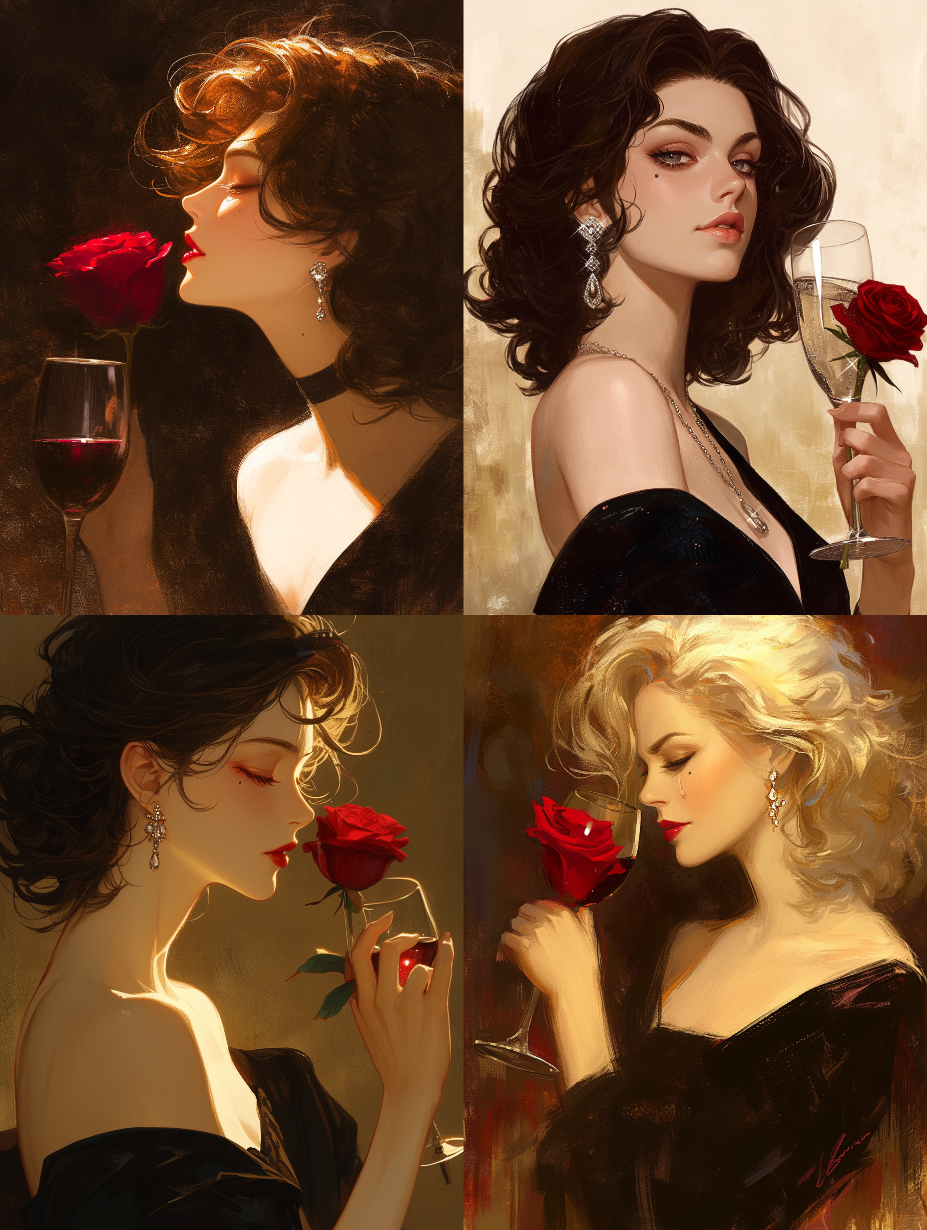 黑裙女子优雅侧影，波浪卷发轻拂，钻石耳环闪耀，红玫瑰轻握，酒杯半举，眼下泪痣点缀，红唇微启，神秘氛围，暗调背景，柔光渲染，长焦镜头，低角度，微距特写，细腻纹理，深邃眼神，自信又魅惑。
