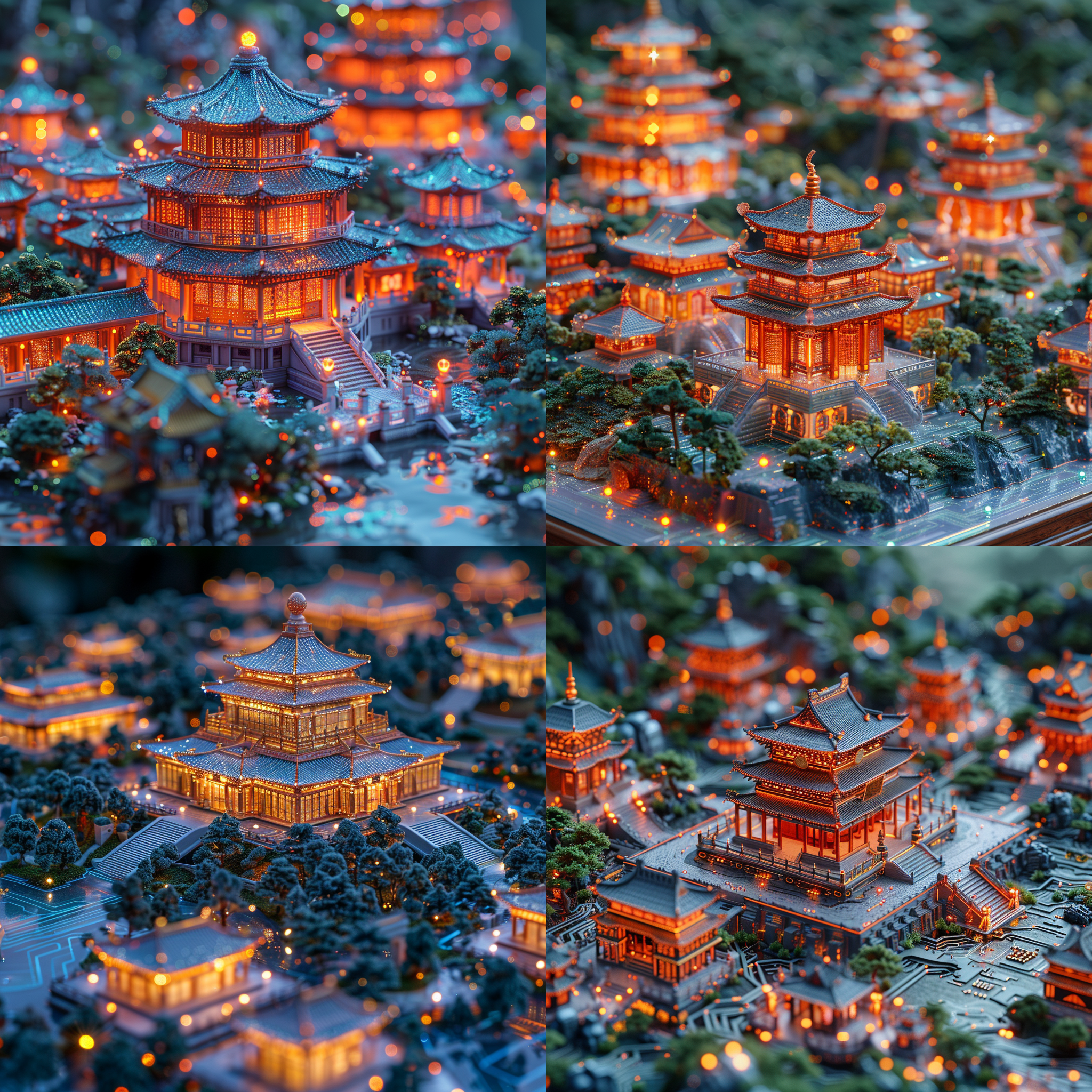 相机镜头，生物发光，电路板，建筑模型，微观镜头，近景，清明上河图，流光溢彩，王希孟，宋代建筑，夜景，现代灯光山，建筑群，高清微距，摄影质感，微缩模型，立体感，高角度拍摄，发光青金石