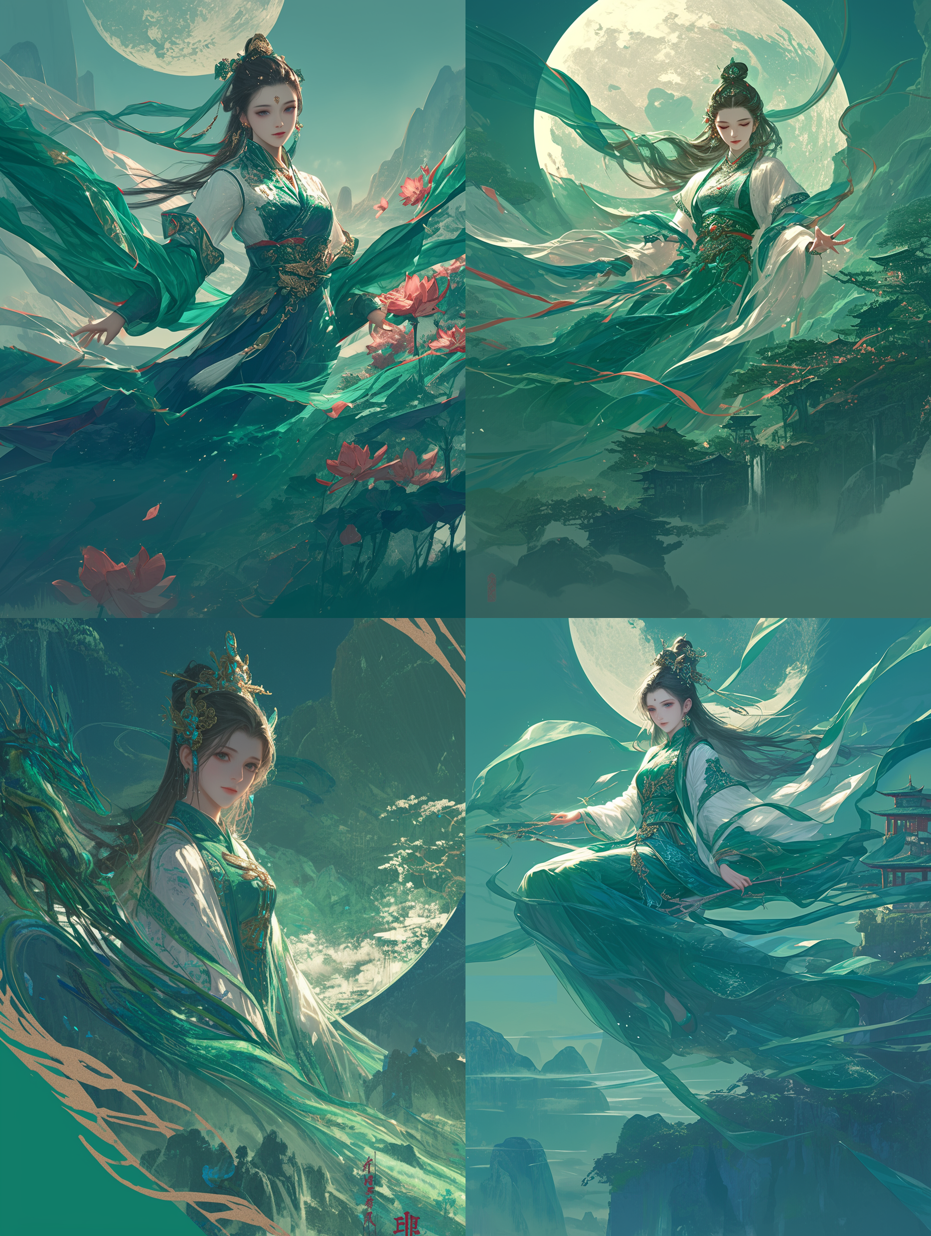 一轮明月下，古代美女横空飞翔，绫罗丝绸随风飘扬，曲线优美，嫦娥奔月主题，中秋节氛围，超高清16k画质，远景全景，柔和月光，美女表情宁静，丝绸质感细腻，背景星空璀璨。