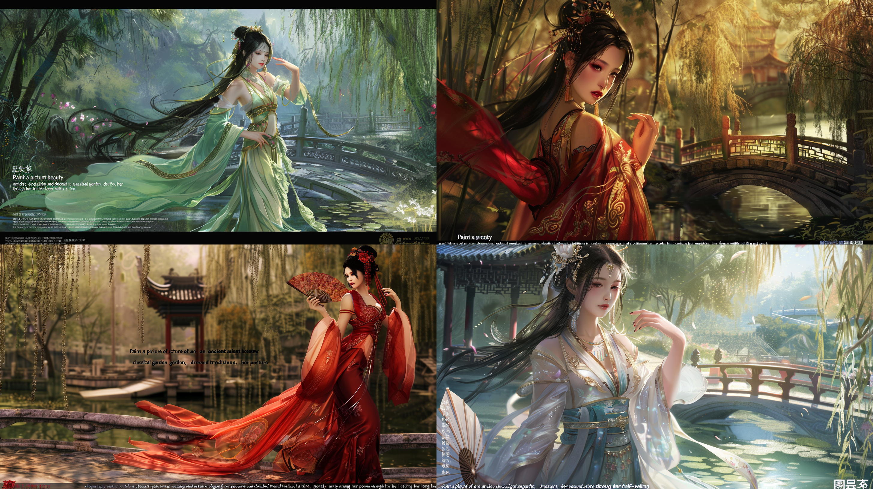 "绘制一位身处古典园林的古代美女，她身着华美细致的传统服饰，姿态优雅，轻抚长发或持扇半遮面，表情含蓄温柔。背景包含流水、石桥、柳树，光线柔和并带有自然光影效果，营造出静谧和谐的古风氛围。采用顾恺之式的细腻画风，结合工笔重彩技法，色彩以温暖的朱红、翠绿、墨黑为主，辅以金色装饰，展现奢华而典雅的气息。作品以高分辨率数字绘画形式完成，融合国画传统与现代计算机图形技术，确保每一个细节都精致传神，充分表现古代东方女性的魅力与时代背景的独特韵味