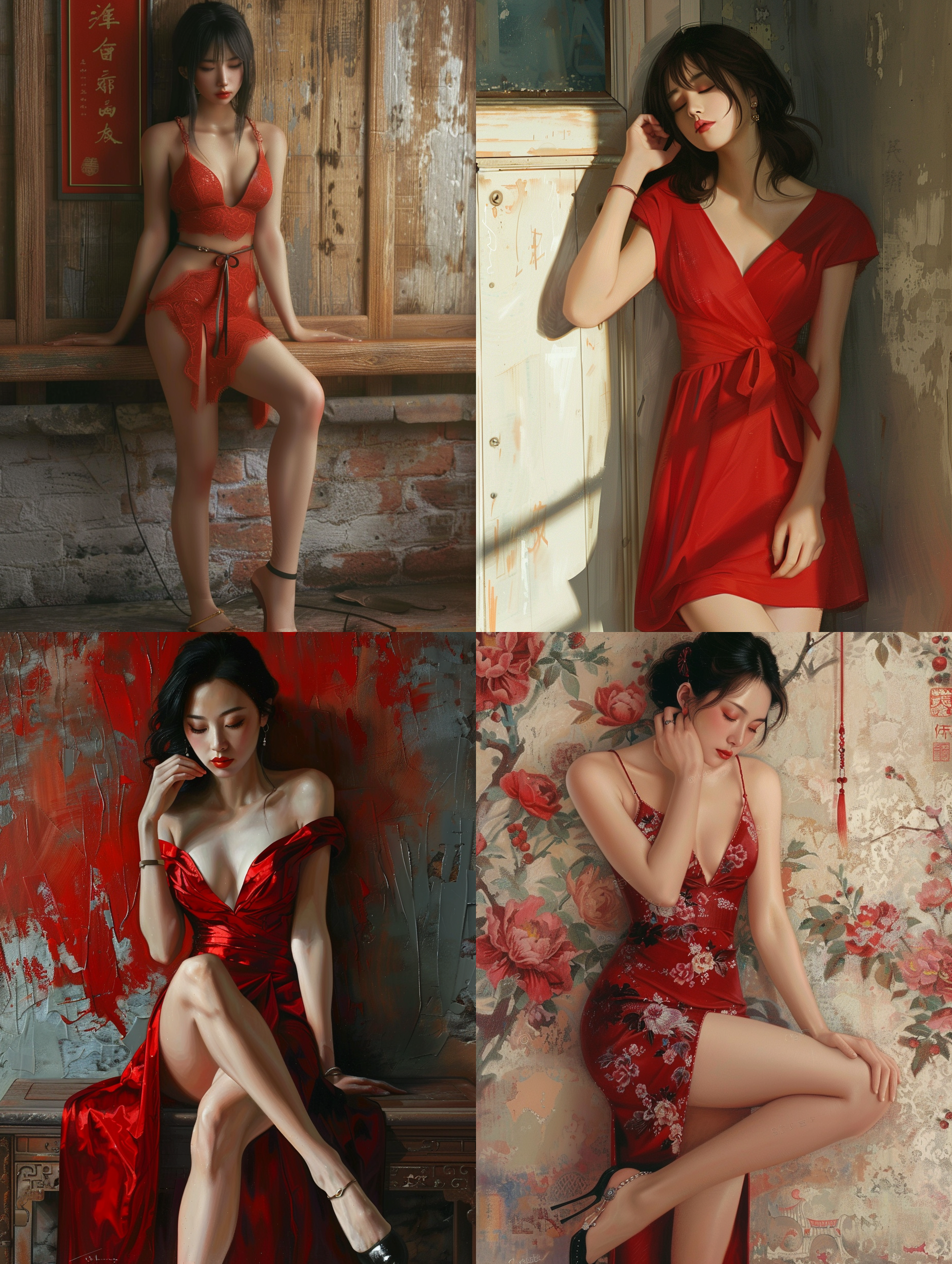 中国美女，深v红色连衣裙，高跟鞋，靠在墙上，低头站立，大长腿，黑色丝袜，闭上眼睛，杂志风格，端庄典雅：：2，神色有些紧张，真实比例，8k